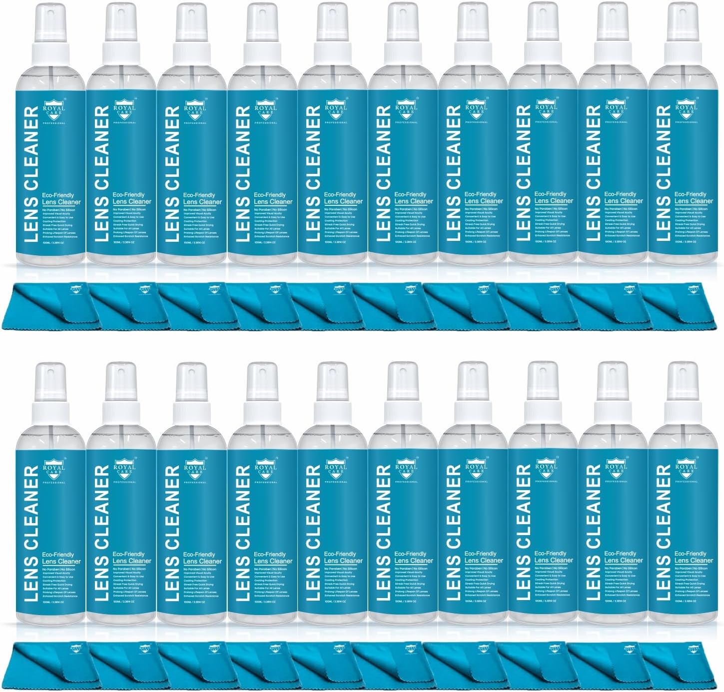 Royal Care Lens Cleaner Spray 100 ML Pack Kit – Professional Lens Cleaner Spray with Microfiber Cloths – Best for Eyeglasses, Cameras, and Lenses - Safely Cleans Fingerprints, Dust, Oil (Pack of 20)