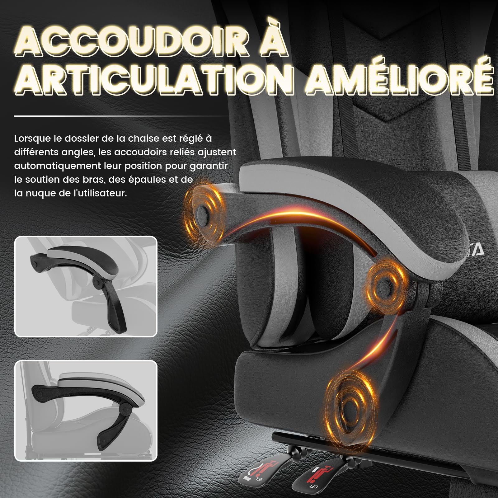 Chaise Gaming, Fauteuil Gamer avec Massage Lombaire, Chaise Ergonomique Repose-Pieds Rétractable, Siège Gaming Confortable en Cuir, Chaise Bureau avec Dossier Inclinable à 135°, Charge 120 KG