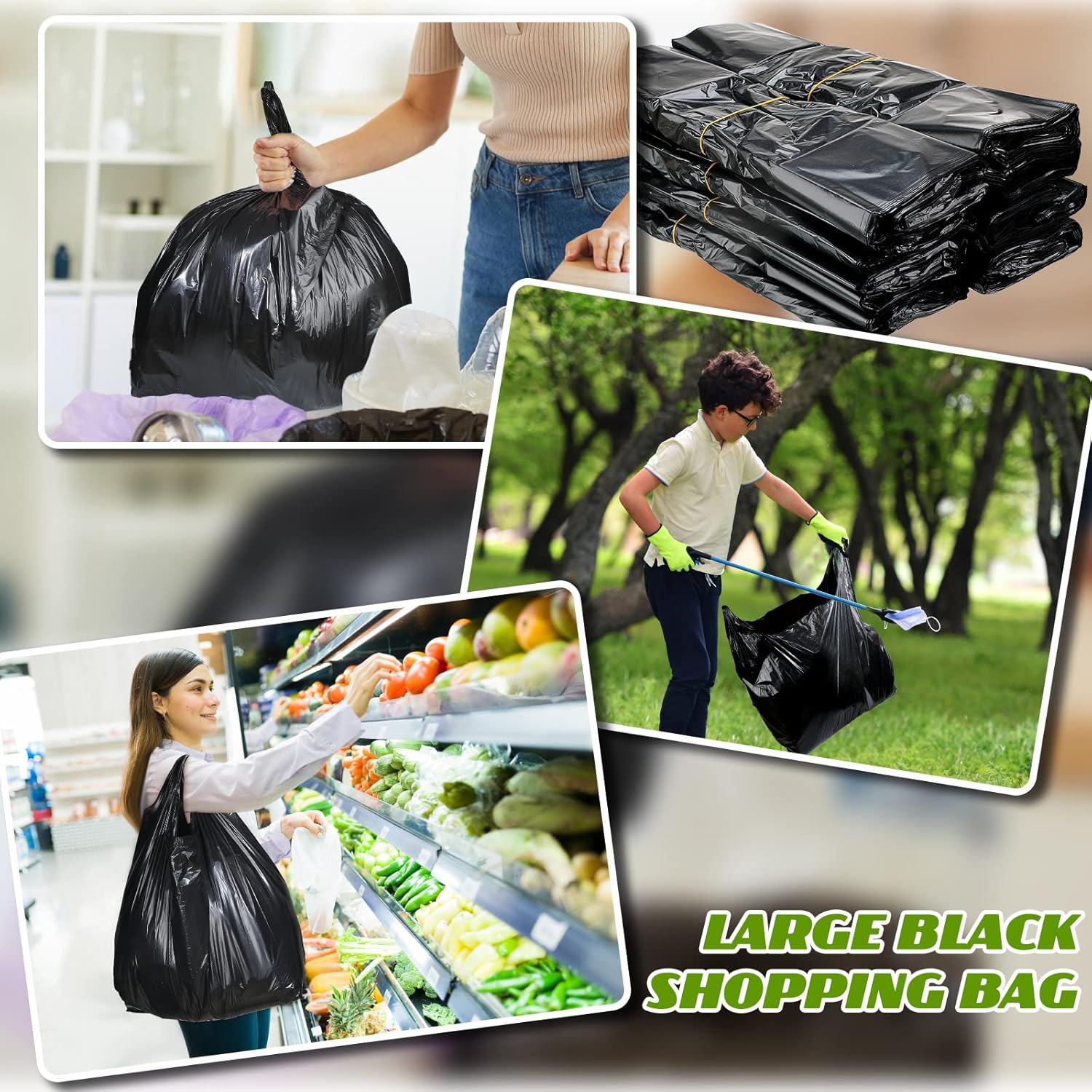 Kisston 400 Count Jumbo Size Plastic T Shirt Bags with Handles, 35 Mic, XX Large Plain Plastic T Shirt Grocery Bags, Thick and Heavy Duty (25" X 15",Black) - Image 7