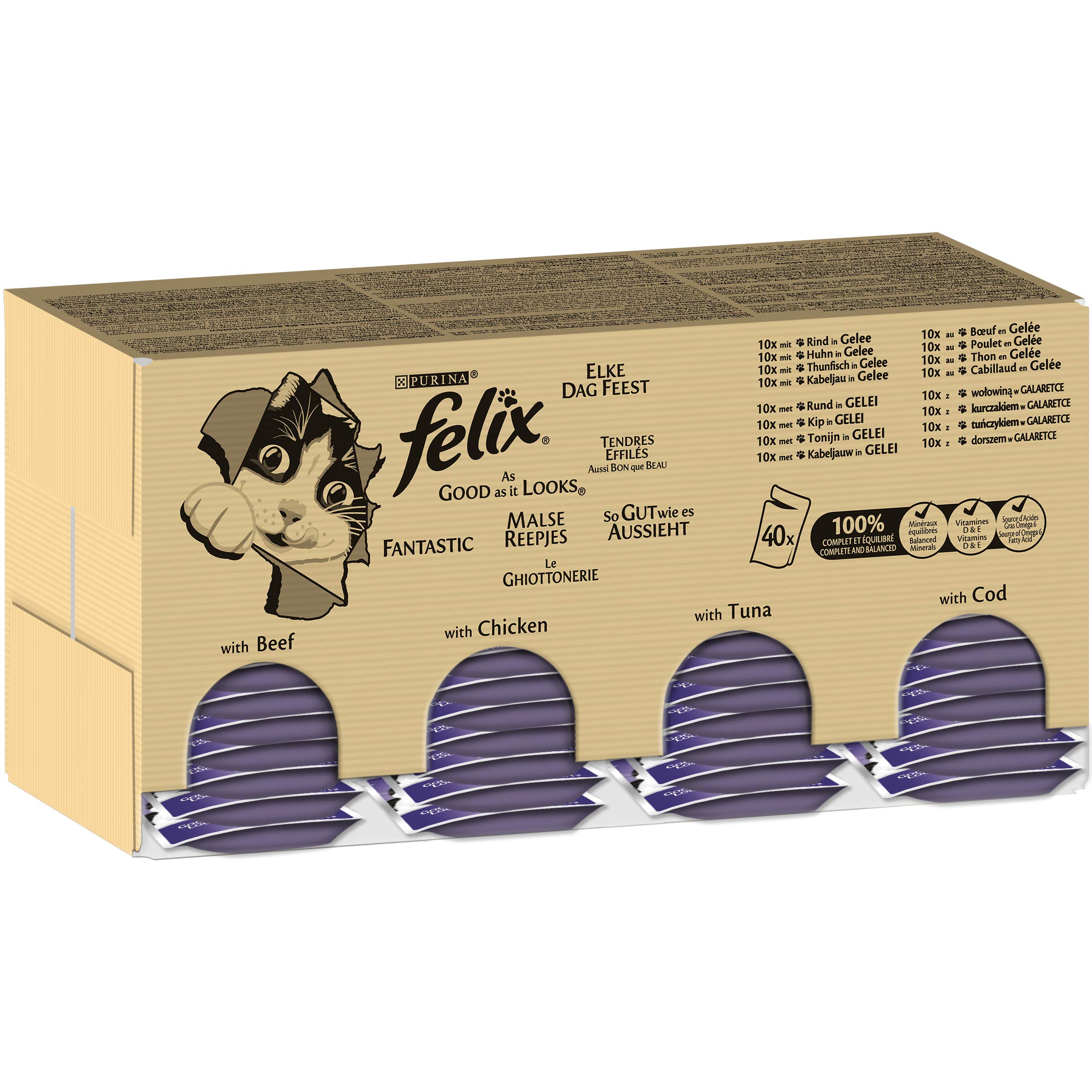 Purina Felix Le Ghiottonerie - Comida húmeda para Gatos con Ternera, Pollo, Bacalao y atún, 80 Sobres de 100 g Cada una