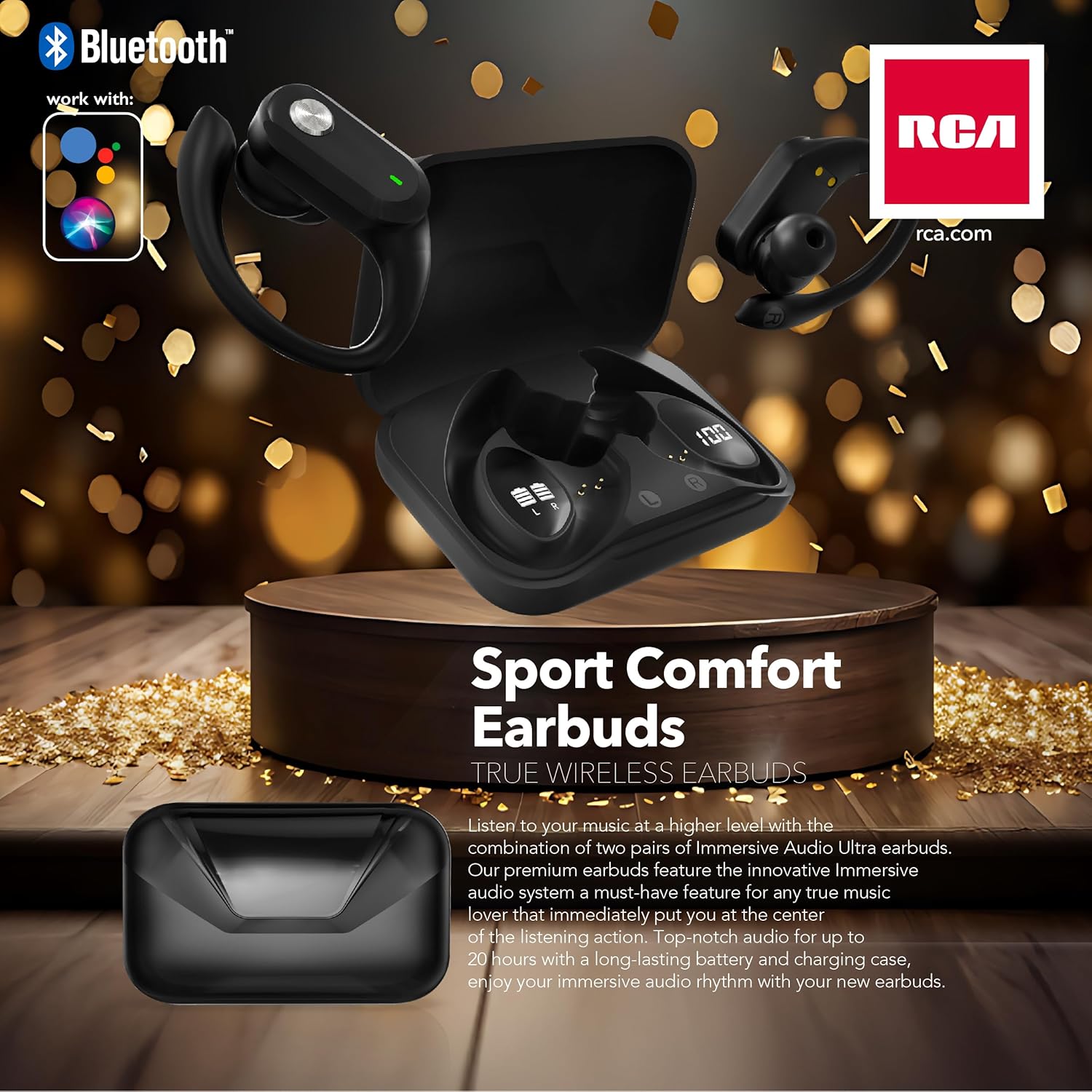 RCA Wireless Earbuds Bluetooth 5.3 Headphones Sport Sweat Resistant Sports Earphones with Earhooks,48H Playtime,Lightweight 7.8g,Fast Charging Case,Noise Cancelling Mic for Running Gym Workout-Black