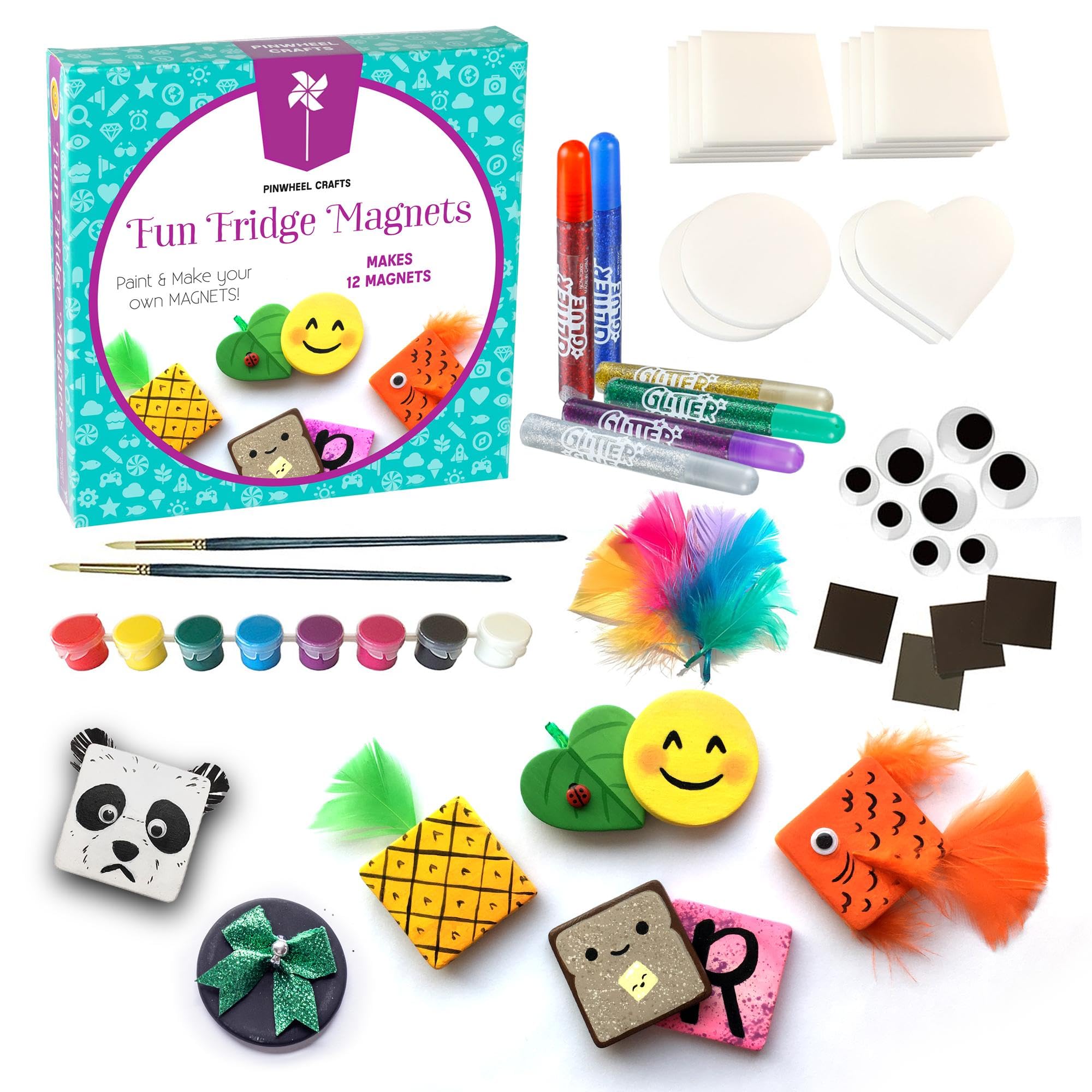 Pinwheel Crafts Magnetic Tile Art Kit Ages 6-12+ Years - Paint Your Own Magnetic Mini Tiles Includes 12 Tiles, Magnets, 8 Paints, Brush, Googly Eyes - DIY Magnet Making Kit for Kids