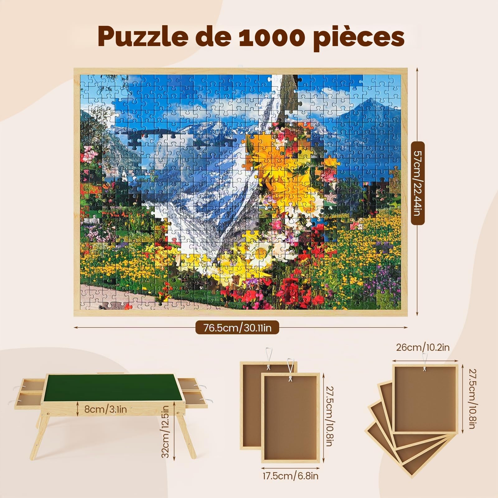 Table puzzle 1000 pièces - 76,5 x 57 x 32 cm - 6 tiroirs - Planche à puzzle (1000 pièces)
