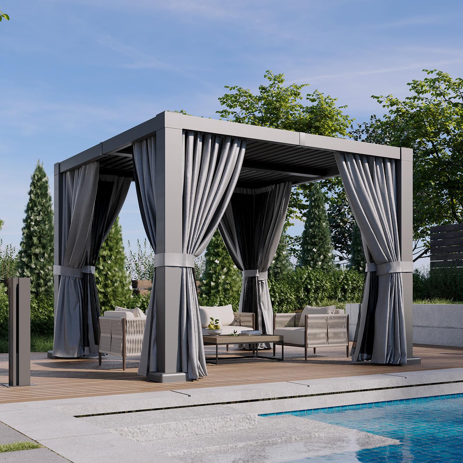 Aoxun Louvered Pergola 10x10 with curtains and netting