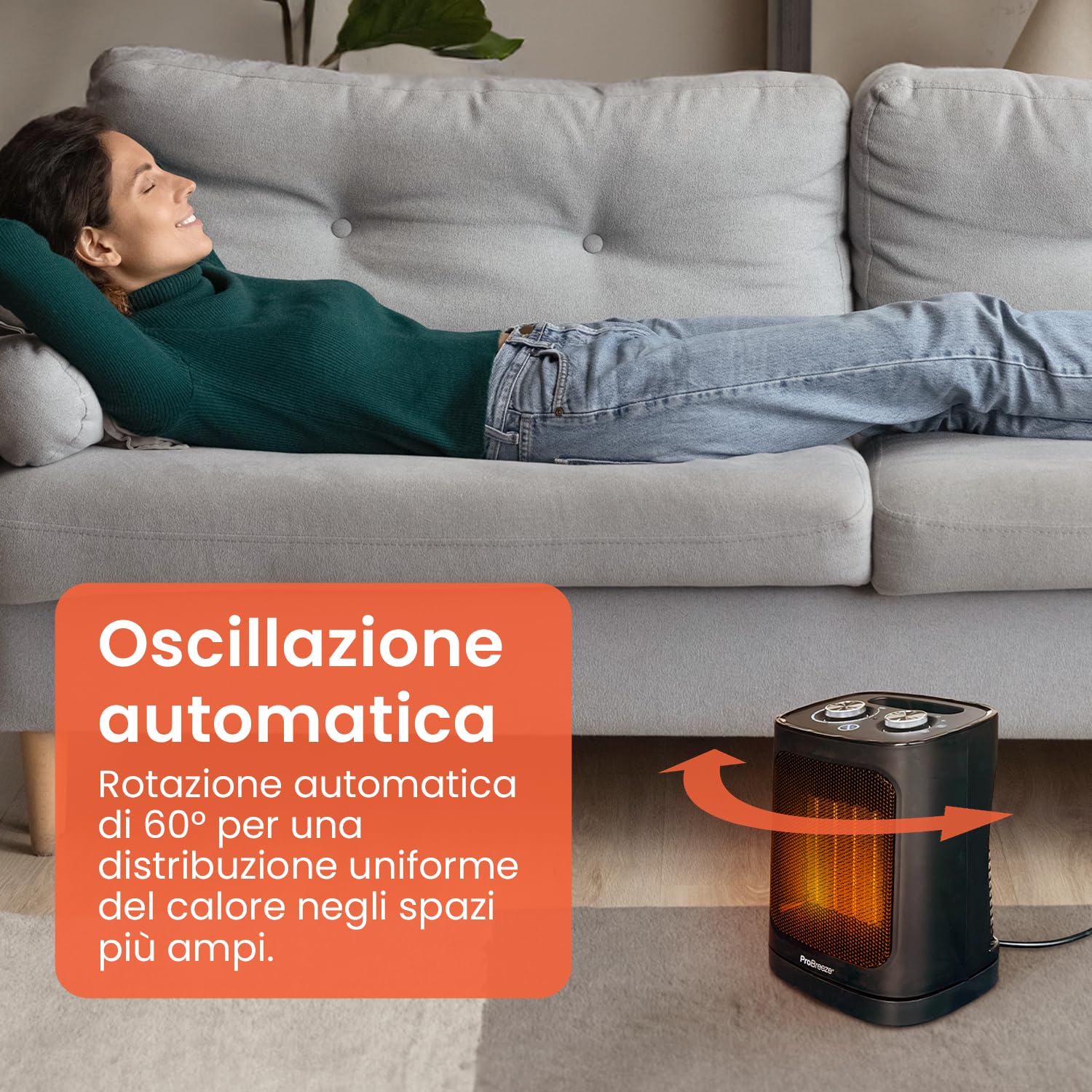 Pro Breeze Stufetta Elettrica a Basso Consumo in Ceramica 1800 W – Oscillazione Automatica, 2 Impostazioni di Calore e Modalità Solo Ventola. Stanze, uffici, bagno - Termoventilatore