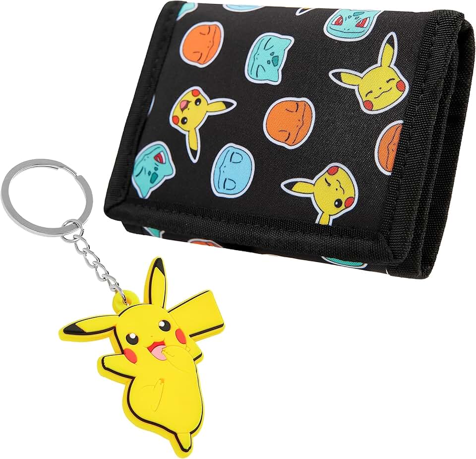 Pokémon Pokemon Wallet and Keychain Set for Kids Trifold Wallet with ID Pocket Card Slots Zipper Coin Purse Pikachu Anime Gifts for Boys (Black/Yellow)