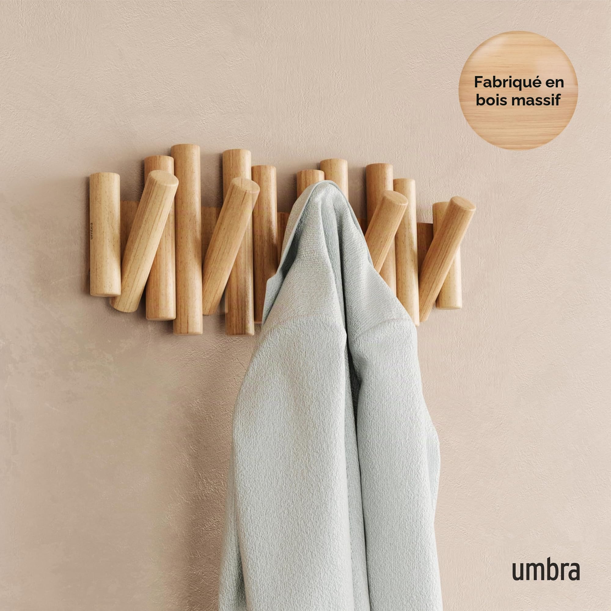 Umbra Picket 5. Patère Murale 5 crochets, en Bois Naturel, 37,1x16,5x4,4 cm