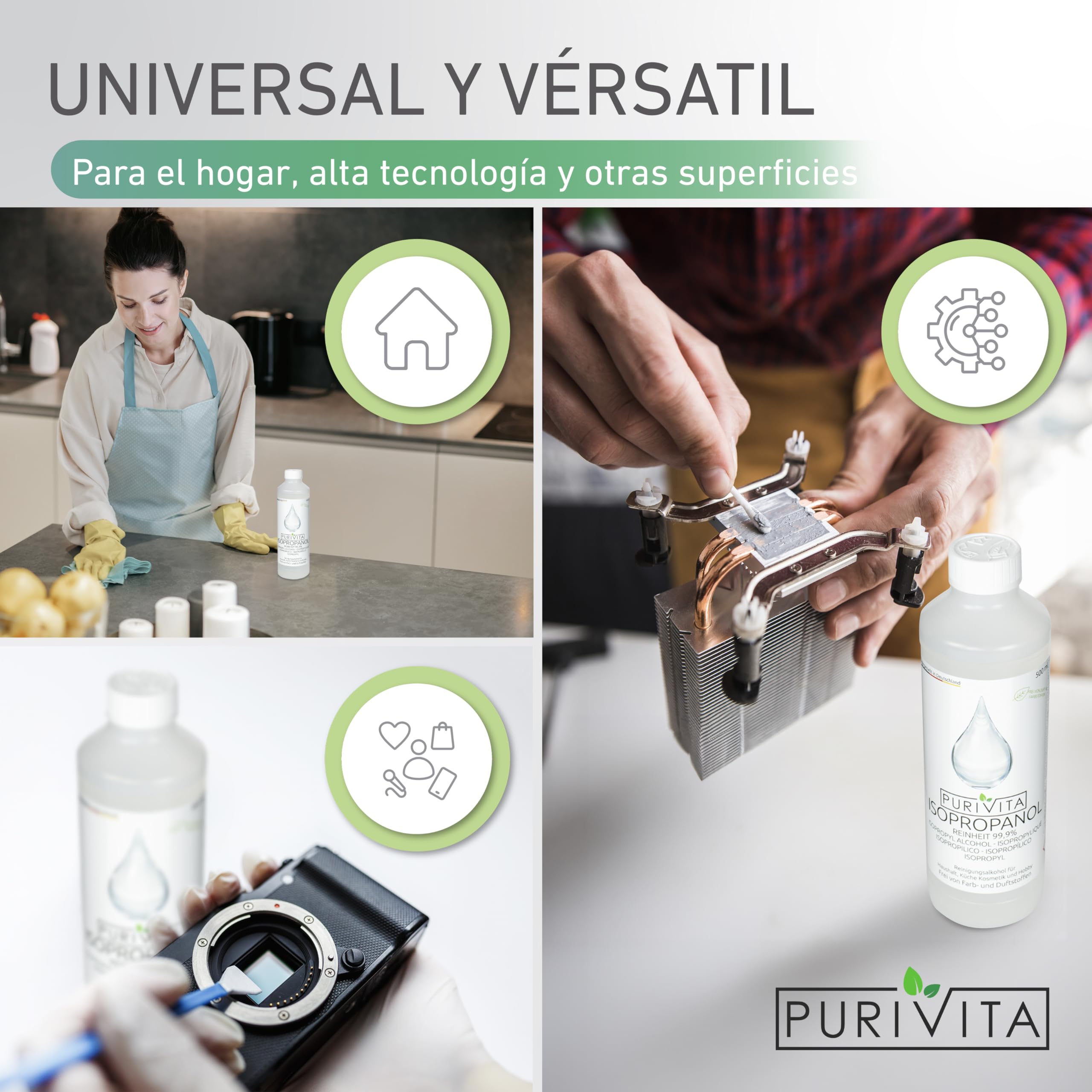 PURIVITA Alcohol Isopropilico 99,9% 500ML - Isopropyl Alcohol Limpiador Desengrasante