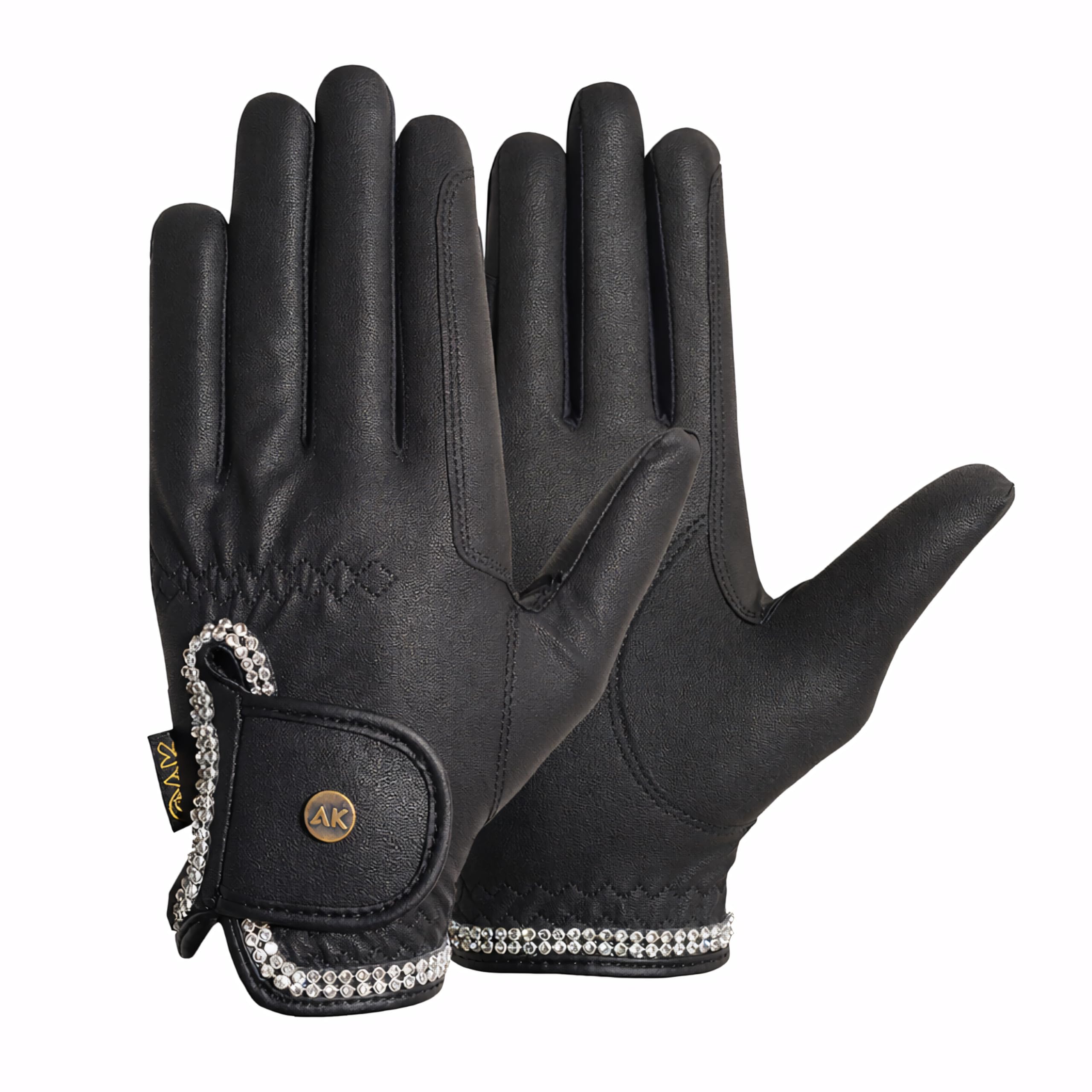 AK Horse Riding Gloves for Competition & Dressing with Crystal Diamante (Black, M)