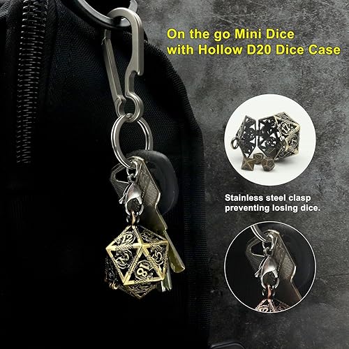 Miniatura 3 de Haxtec Mini juego de dados DND de metal con collar hueco, estuche de dados de metal pequeño antiguo, juego de dados de metal pequeño y antiguo
