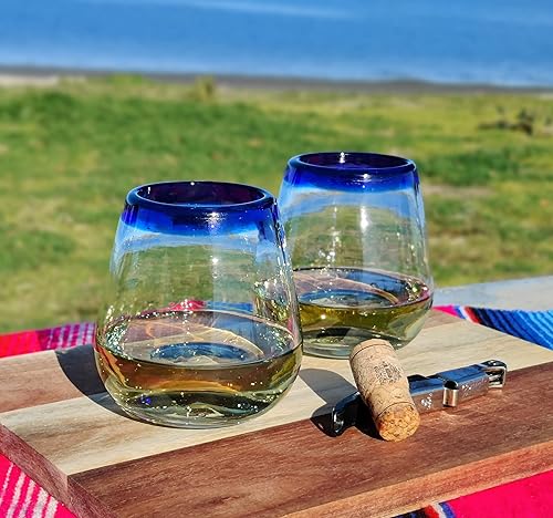 Miniatura 9 de Dos Sueños Copas de vino mexicanas sopladas a mano, juego de 6 vasos con bordes azul cobalto (15 onzas)
