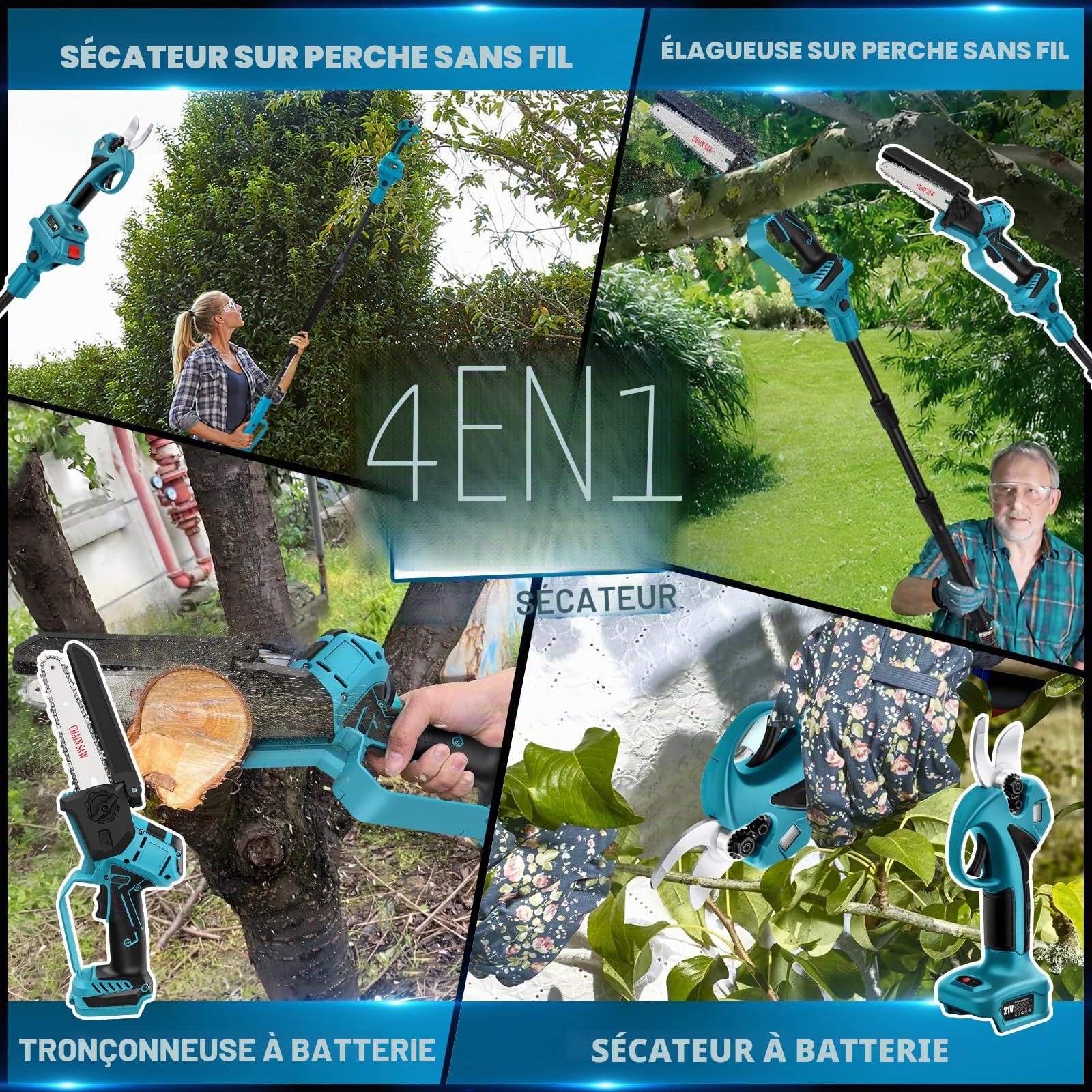 Mini tronçonneuse et Secateur Télescopique compatible avec Makita 18 V | sans batteries 4 en 1 Perche Élagueuse Secateur à Batterie sans fil avec Perche petite scie de verrouillage de sécurité