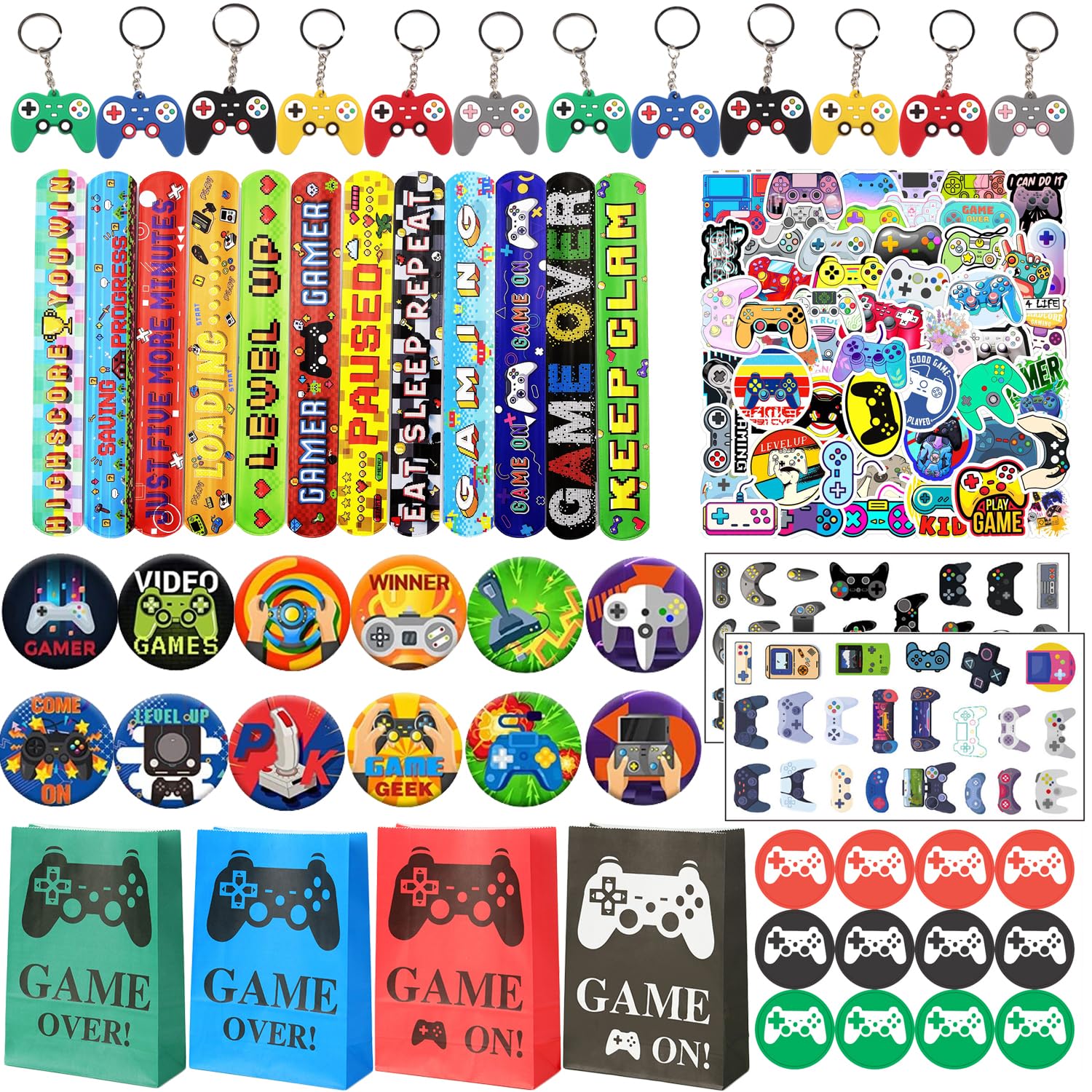 Photo 1 of 100Pcs Video Game Party Favors for kids, Video Game Party Supplies Included Gift Bags,Stickers,Keychains,Slap Circle,Button Badges,Tattoo Stickers,Suitable For Gift Bag Filler