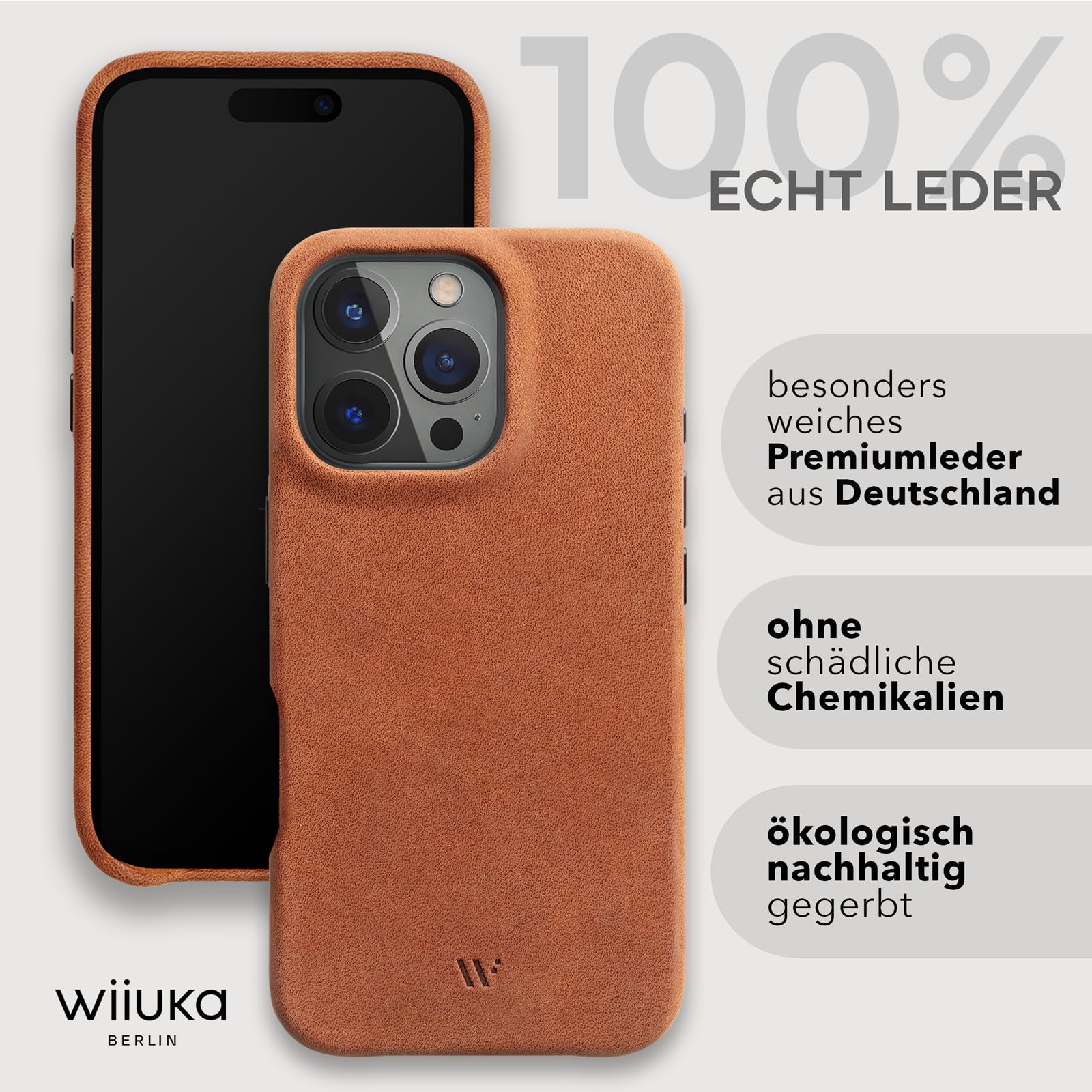 WIIUKA Funda para iPhone 16 Pro Max, piel de Alemania, funda de piel extrafina, funda premium para teléfono móvil, Case, Qi, skiin more, vintage coñac marrón