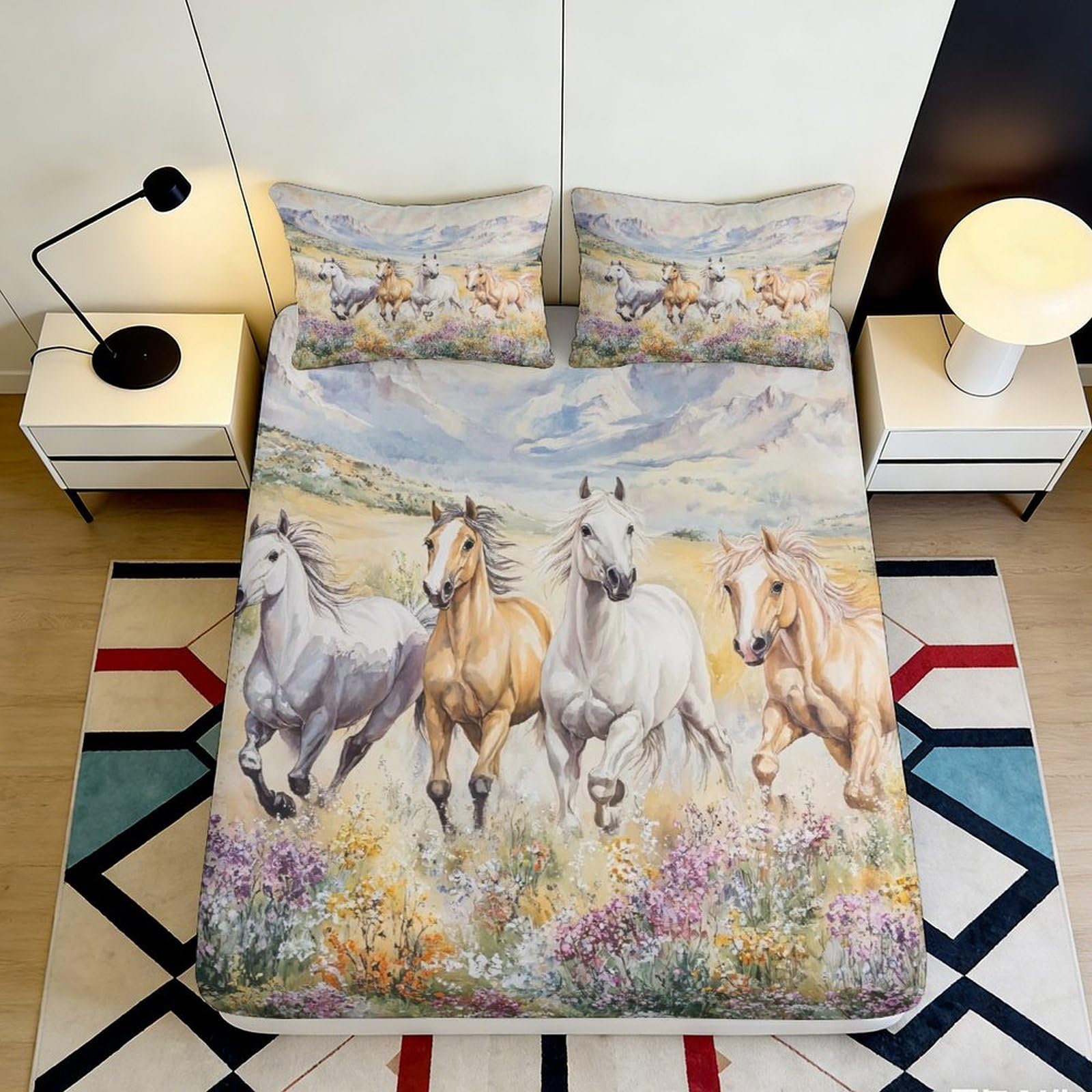 3D Printed Wild Horse Meadow Fitted Sheet Microfiber Soft Beige Pastel Running Horse Bed Cover for Bedroom Dorm Decor 140x200x25cm