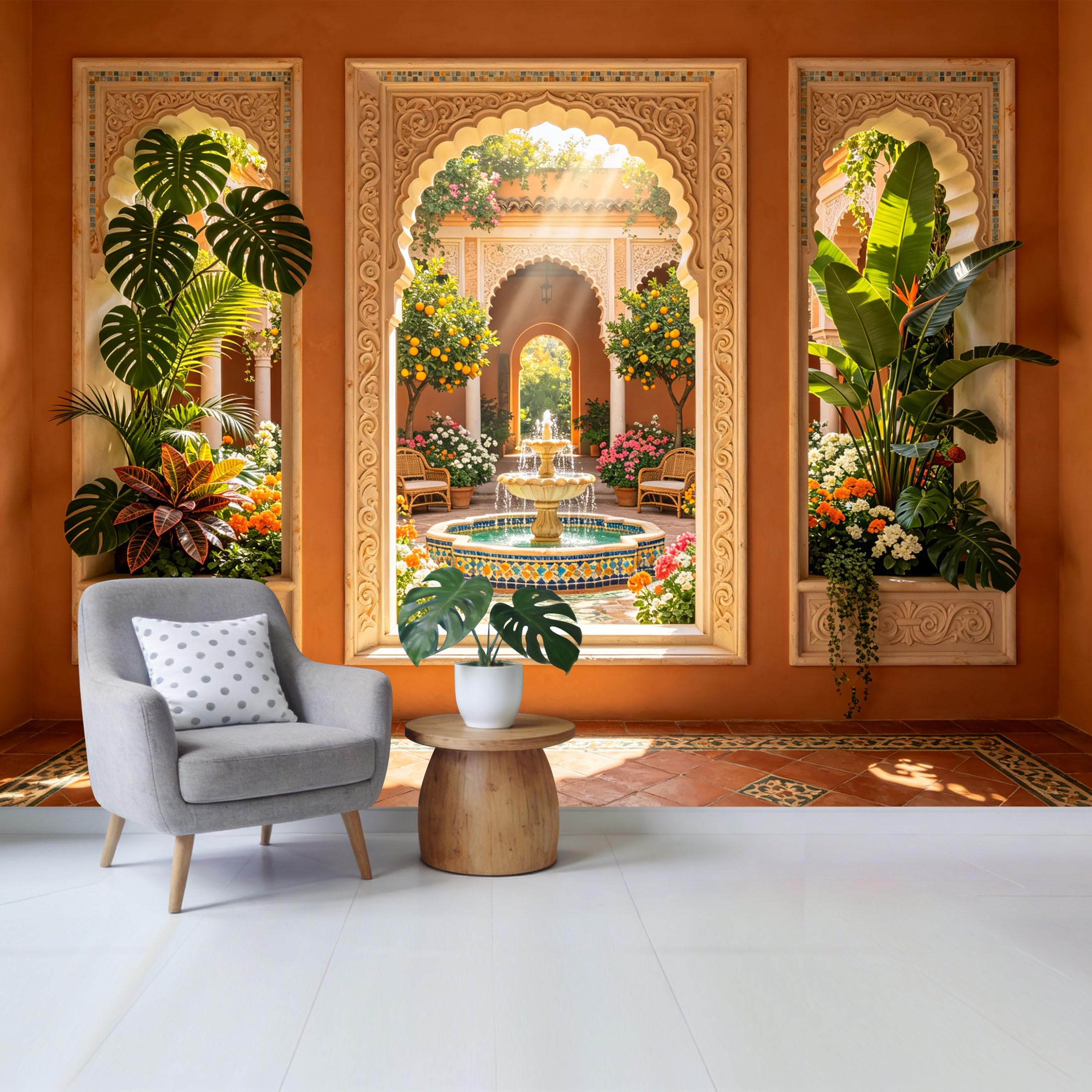 Custom Size Wall Mural Mediterranean Courtyard Fountain View Botanical Tropical Garden Removable Self Adhesive Fabric Home Wall Decor for Living Room Bedroom Bathroom