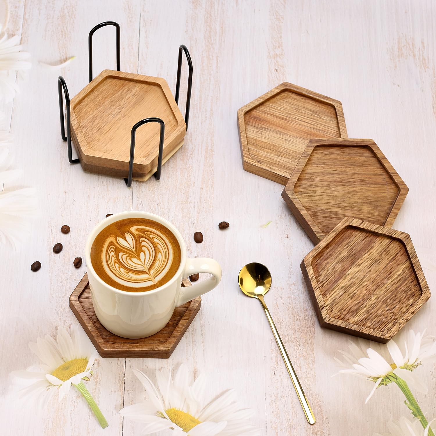 Amazon.com: Unique Acacia Wood Coasters with Holder Wooden Coaster