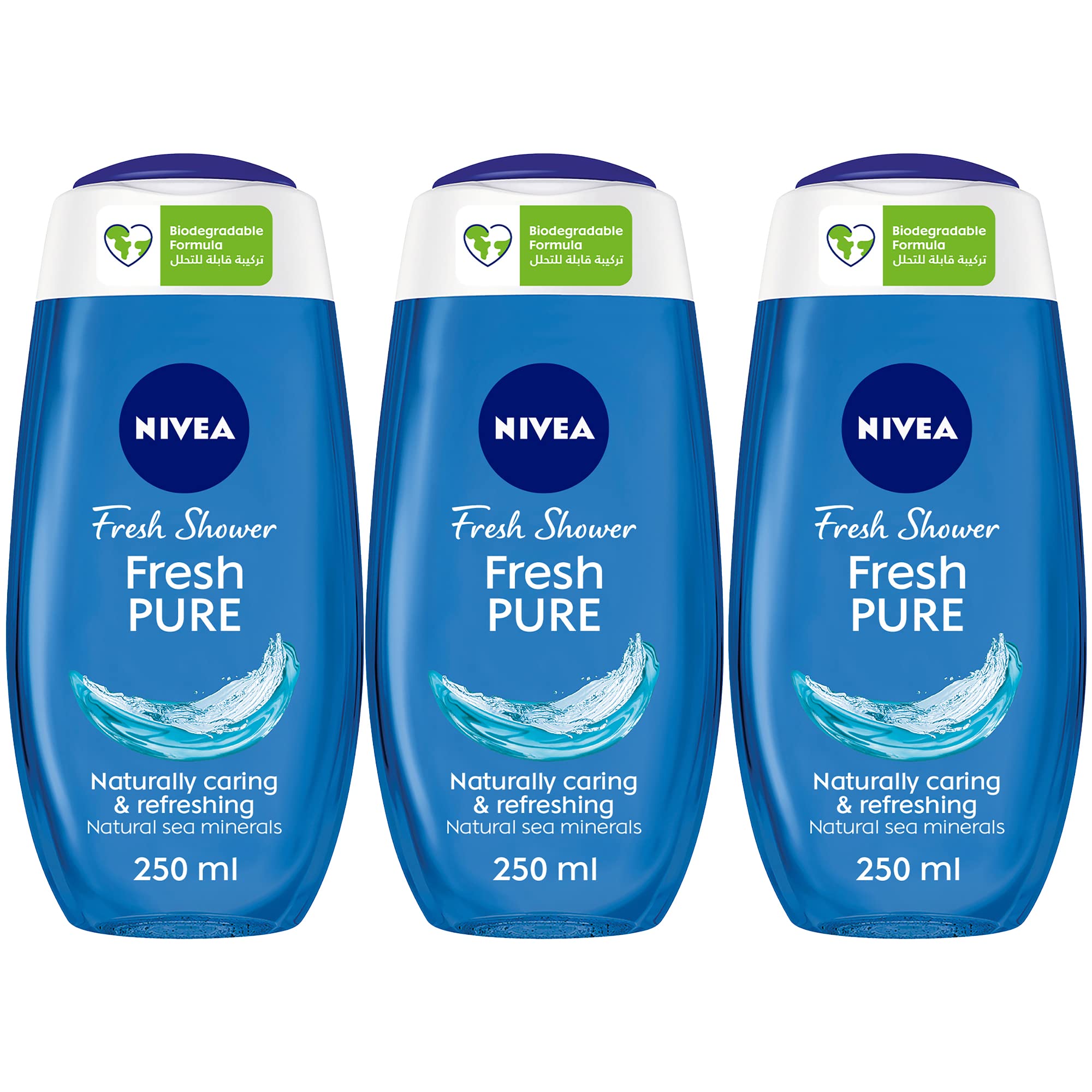 NIVEA Shower Gel Body Wash, Fresh Pure Sea Minerals, Aquatic Scent, 3x250ml