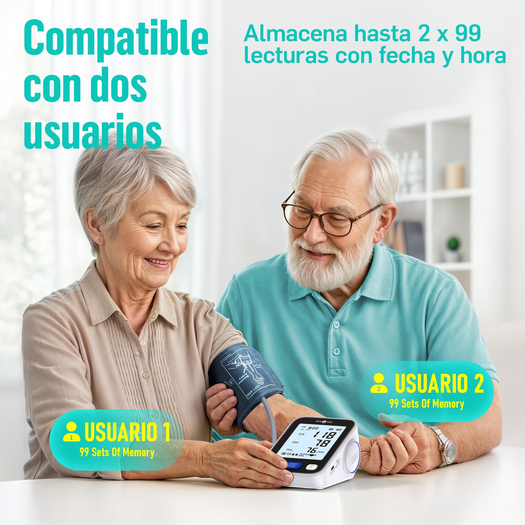 Runstar Tensiometro de brazo con brazalete de amplio rango (22cm-42cm) para uso doméstico, tensiómetro digital automático con bolsa de almacenamiento y memoria de 2x99 lecturas,negro