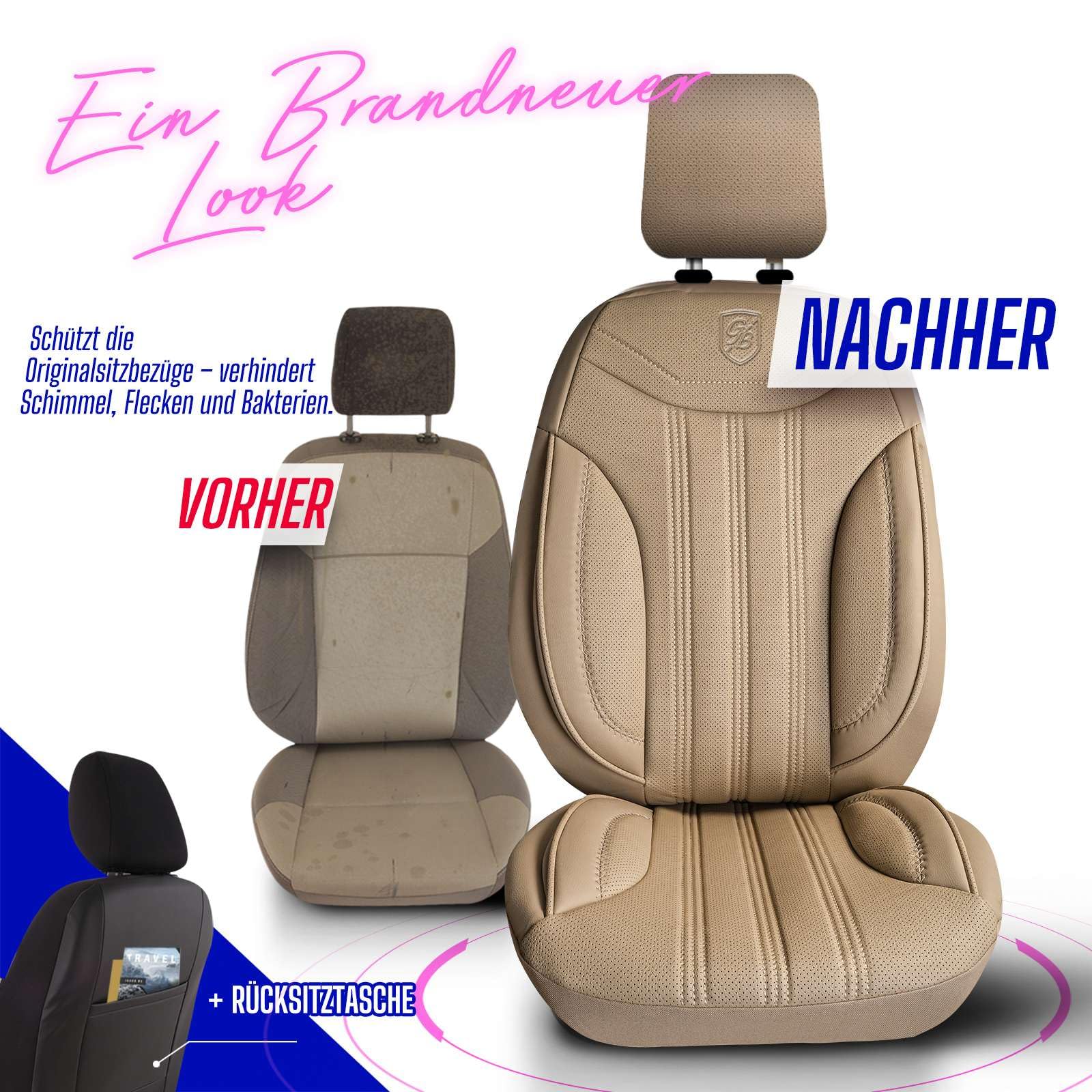 Coprisedili universali per auto e SUV – Premium coprisedili anteriori in pelle, Beige, supporto airbag, protezione per auto, set completo incluso kit di montaggio