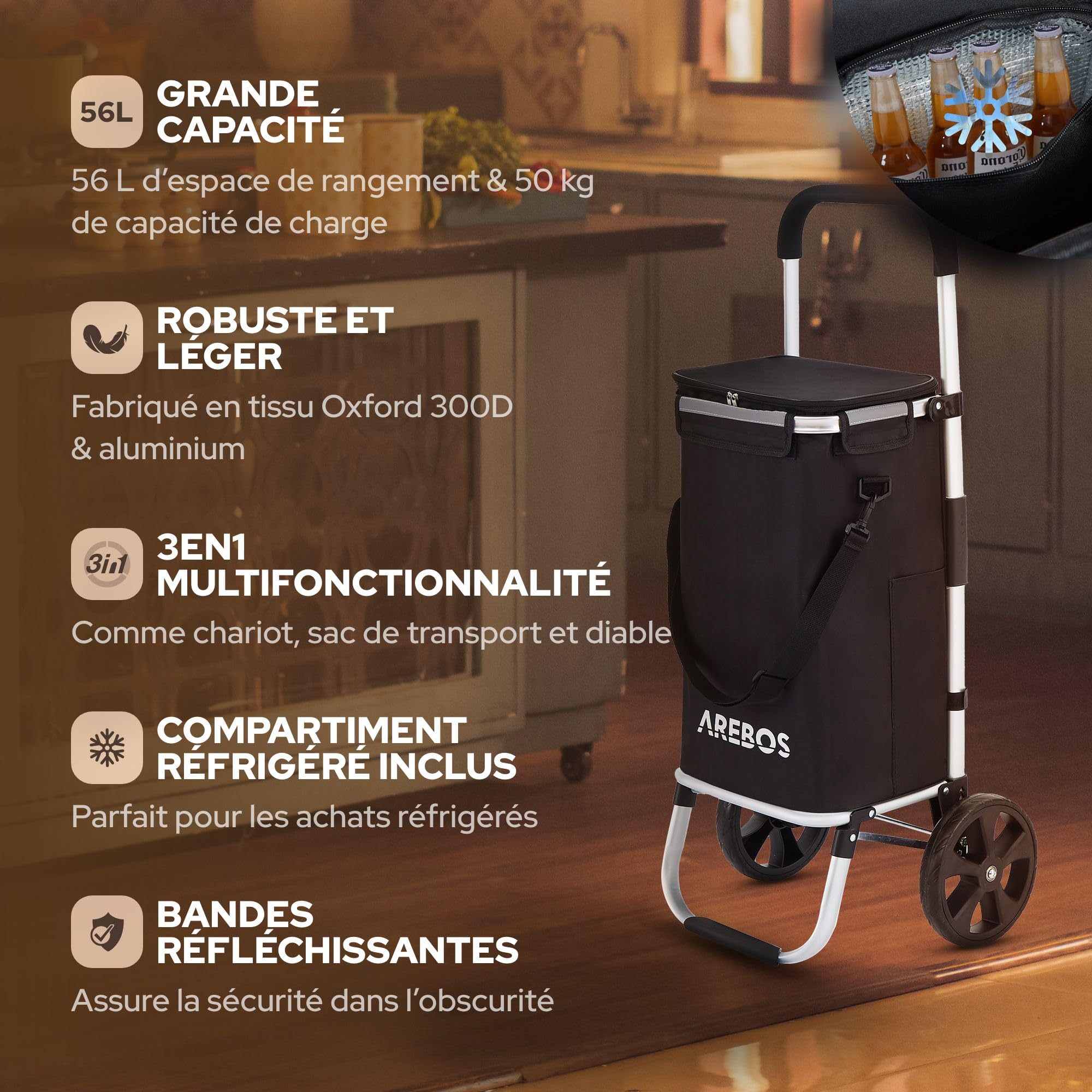 Arebos Chariot de Courses 3 en 1 avec Compartiment Isotherme intégré | 56L | Sac de Courses Pliable | Poignée réglable | Chariot de Courses avec roulettes pour escaliers | Sac Amovible | Noir