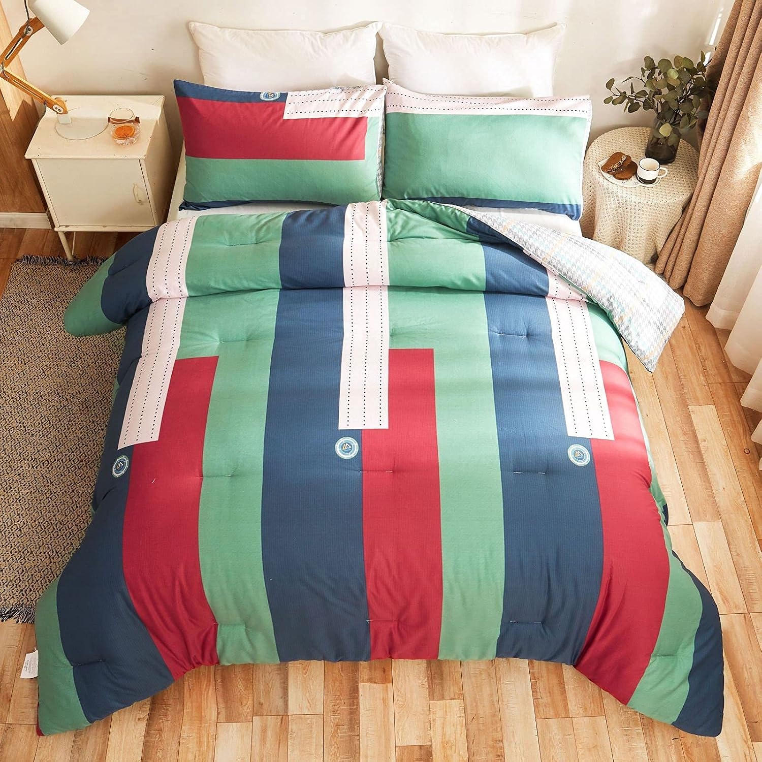FANOYOL 3 Pieces Comforter Set, Modern Geometric Patchwork Pattern - Colorful Block Design, 400 GSM 100% Cotton Comforter Machine Washable for All Season - 2 Pillowcases