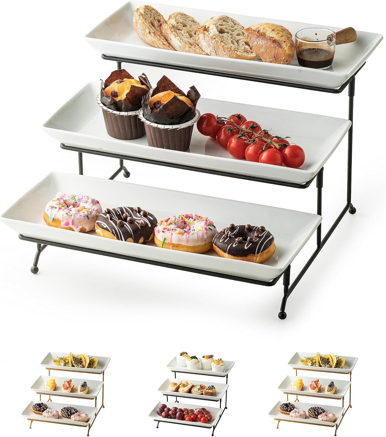 3 Tier Serving Tray, Serving Tray with Serving Dishes for Entertraining Collapsible Sturdier Stand Large Serving Platters for Party Food Display Fruit, 14 Inches (Black) 14 Inch Black