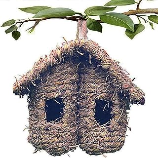 Bird Nest Grass Bird Hut Outdoor Hanging Birdhouse Canaries Nest Chickadee House, Wren Nest Fiber Hand-Woven Bird House Roosting Pocket Bird Hideaway Sparrow House for Finch