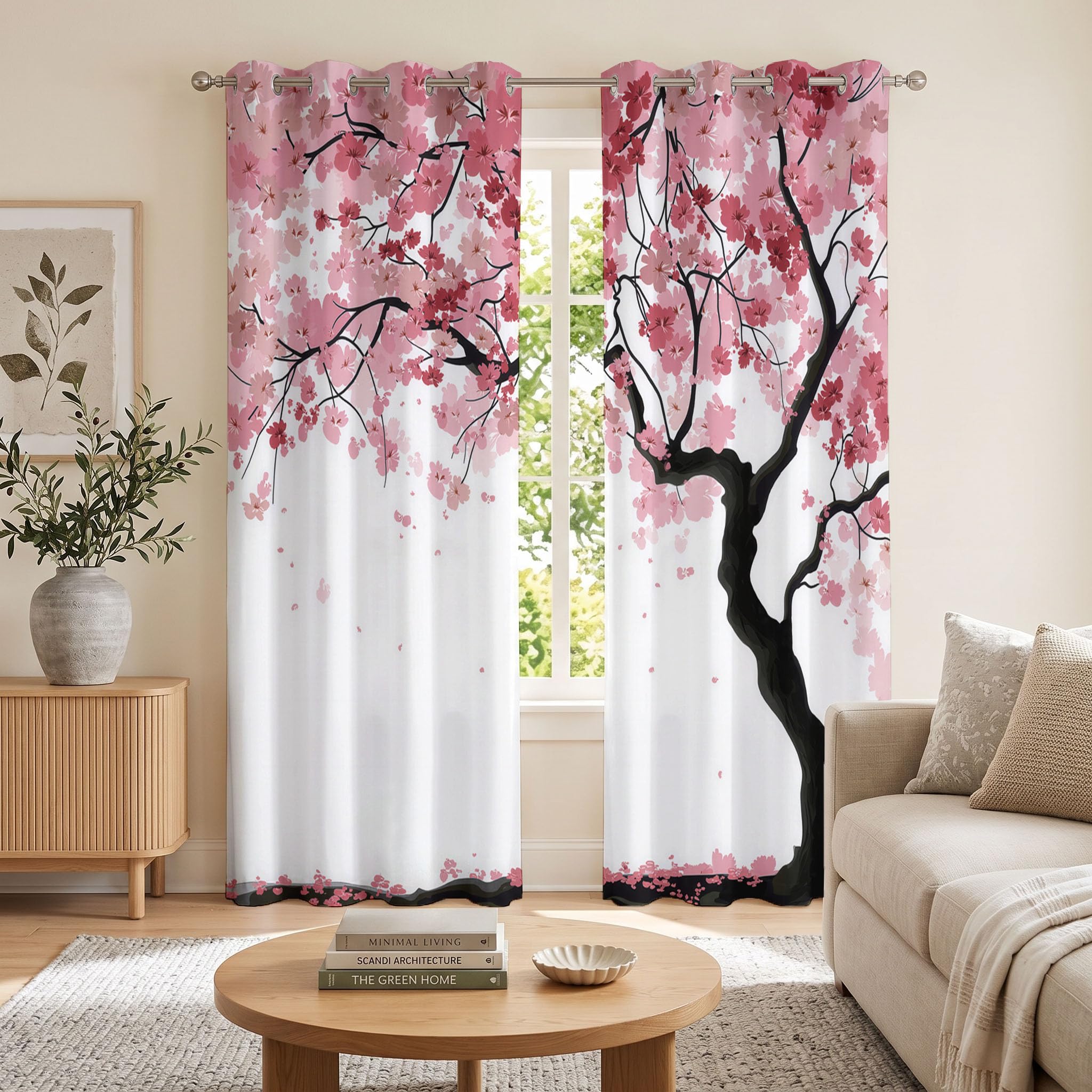 Kirschblütenbaum Vorhänge, Realistischer Stil Vorhang Blickdicht Thermo Verdunkelungsvorhänge Mit Ösen - Rosa Gardinen Wohnzimmer Schlafzimmer Fenster - H175 x B140 cm (2er Pack)