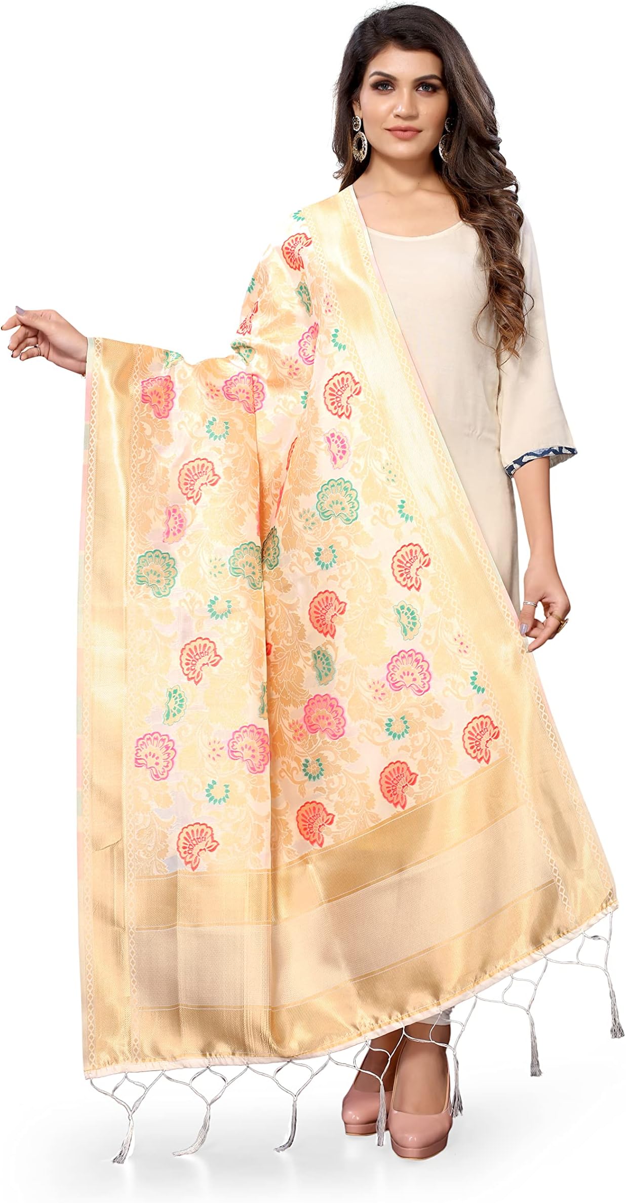 Jaanvi fashion Women's Bandhani Floral Woven Silk Dupatta With Zari Work