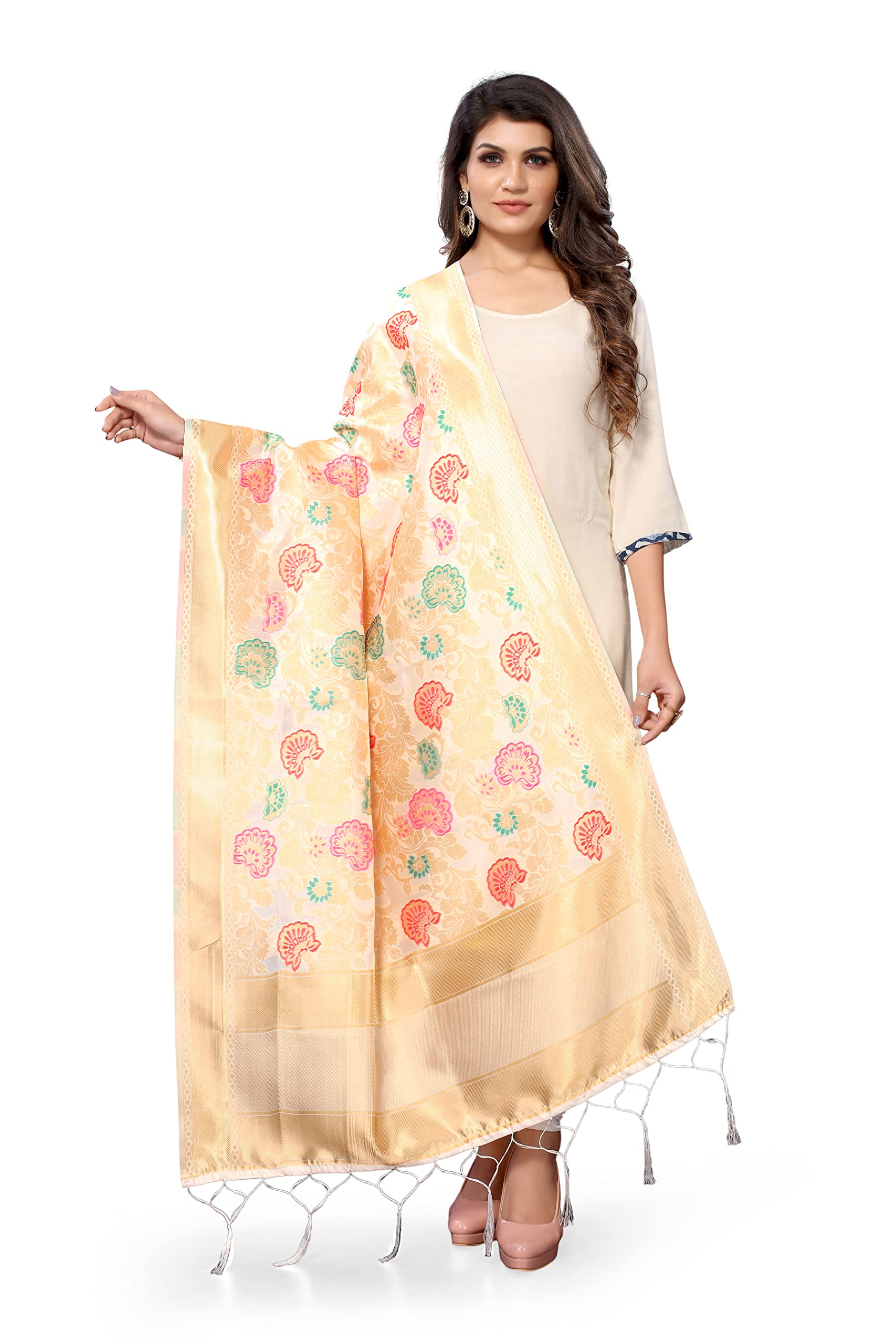 Jaanvi fashion Women's Bandhani Floral Woven Silk Dupatta With Zari Work