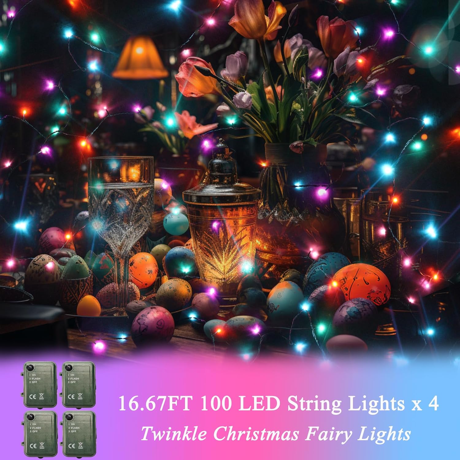 Pooqla Easter String Lights Battery Powered, 4 Pack Total 66.6 FT 200 LED Colorful Pastel String Lights for Indoor Outdoor Decoration, Twinkle Fairy Light for Home Party Room Garden Party Décor
