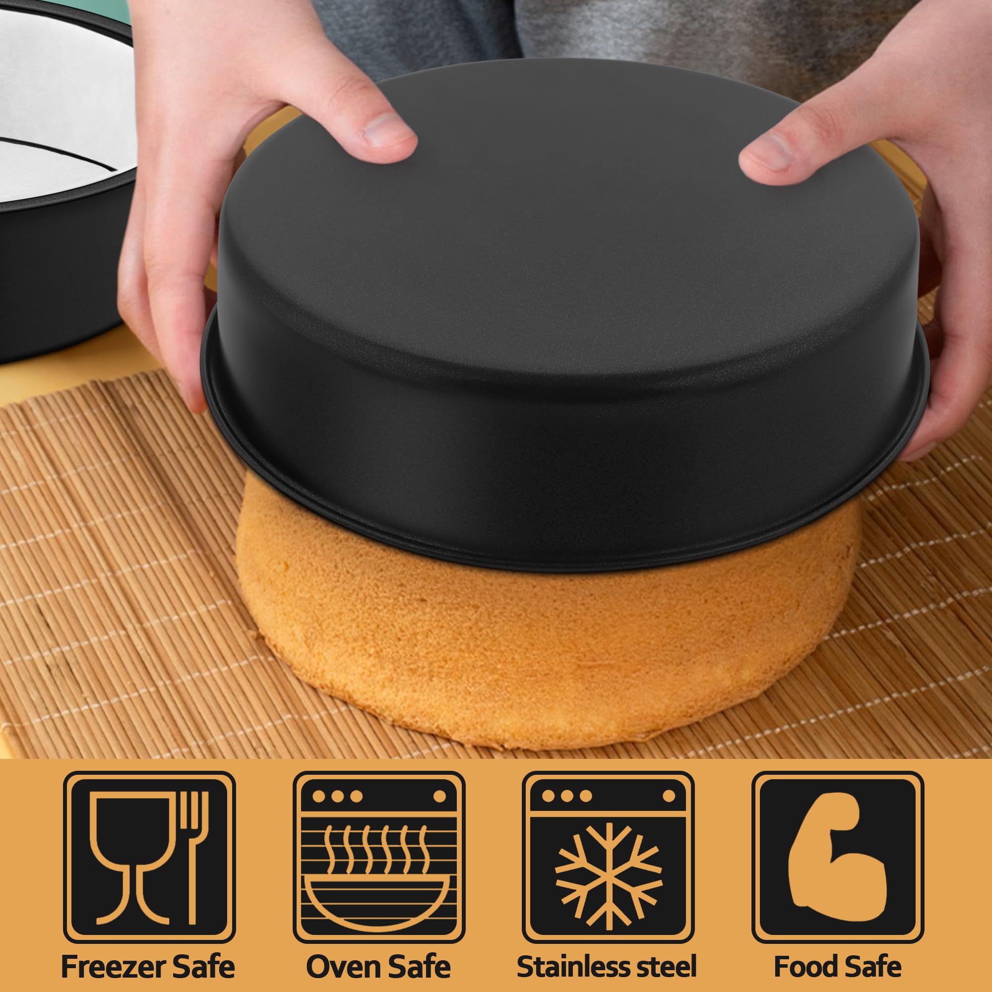 E-far Juego de 2 moldes para tartas de 9.5 pulgadas, antiadherentes de acero inoxidable pequeños redondos con papel pergamino y rollo de forro lateral, núcleo de acero inoxidable y revestimiento no
