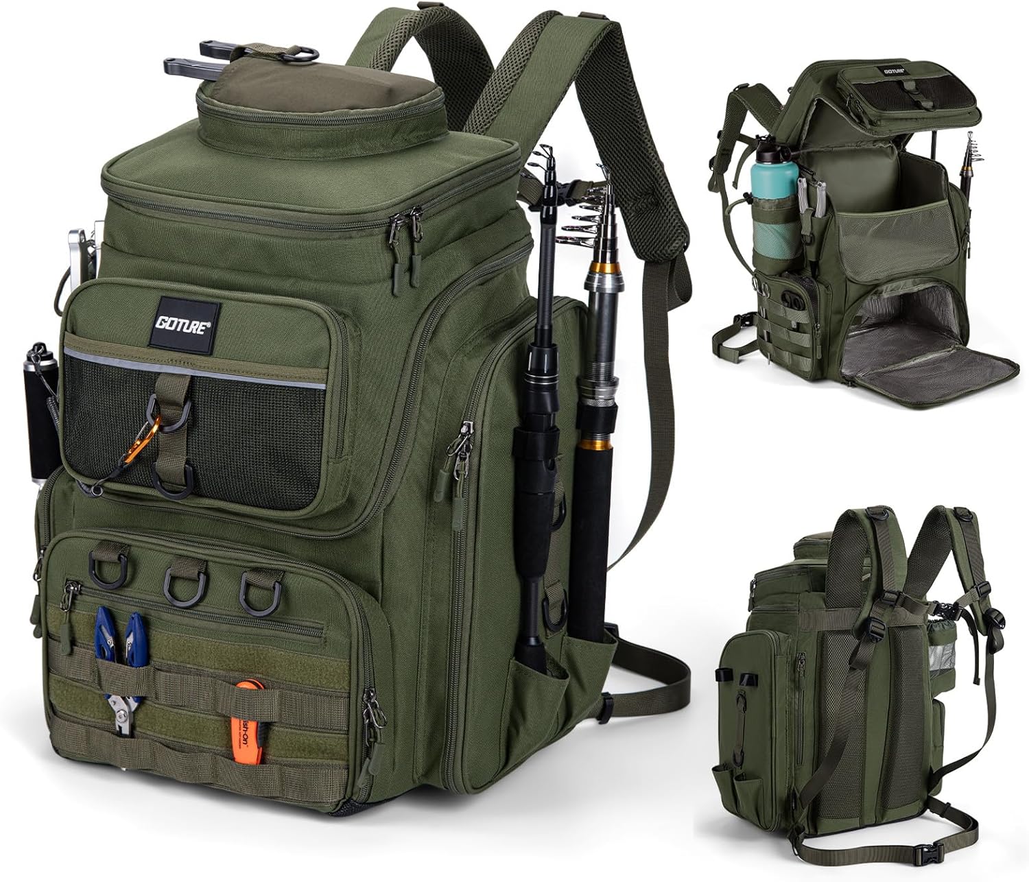 Goture Fishing Backpack, 900D Water-Resistant Tackle Bag with Rod Holders & Insulated Cooler Compartment, 55L Large Capacity Fishing Gear Storage for Saltwater&Freshwater Camping Hiking,Gifts for Men