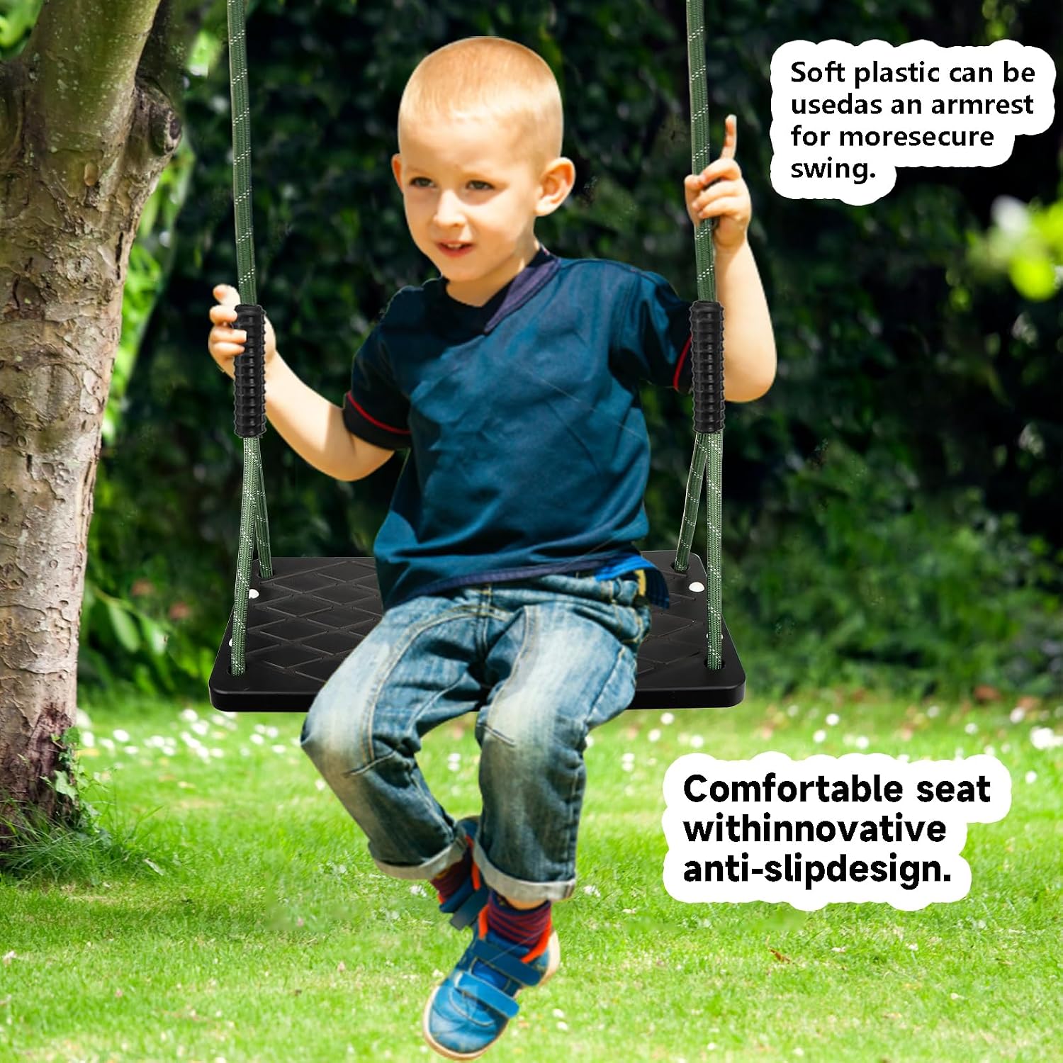Heay Duty Swing Seat with Adjustable Tree Rope Non-Slip,Children's Swing Set Replacement Indoor Outdoor Backyard Playground Accessories,Black