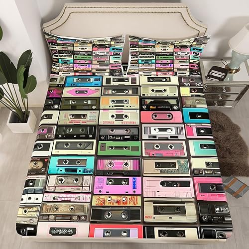 Juego de ropa de cama de cinta musical retro, tamaño matrimonial, juego de cama vintage de radios para adolescentes, decoración de dormitorio de los