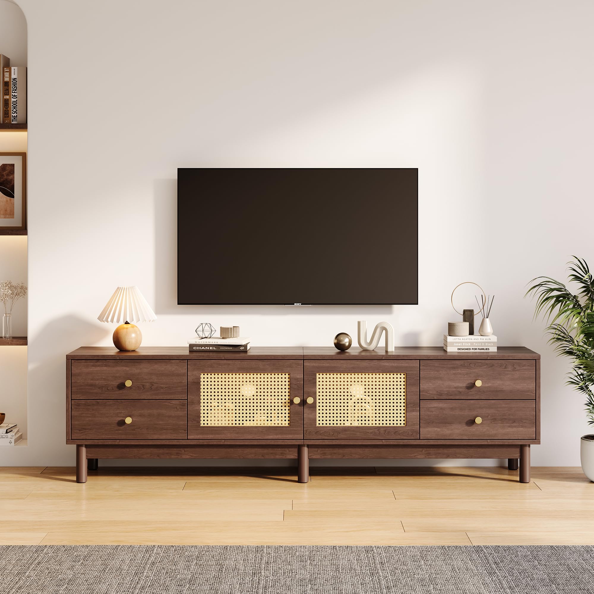 Rattan-TV-Lowboard mit 4 Schubladen & 2 Türen, Dunkelbraun, 180 cm