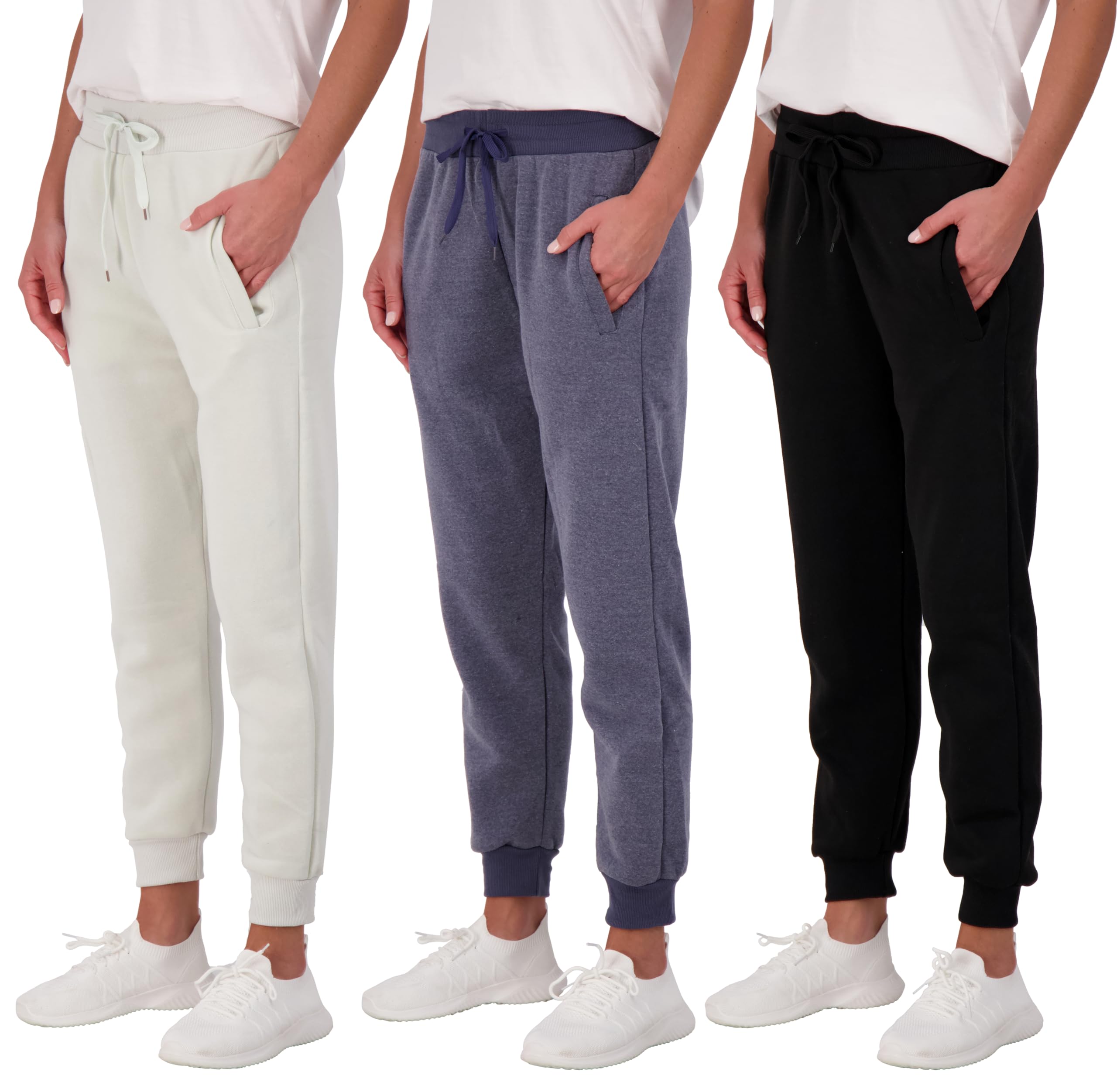 Real Essentials 3 Pack: Women's Ultra-Soft & Warm Fleece Joggers (Available in Plus Size)