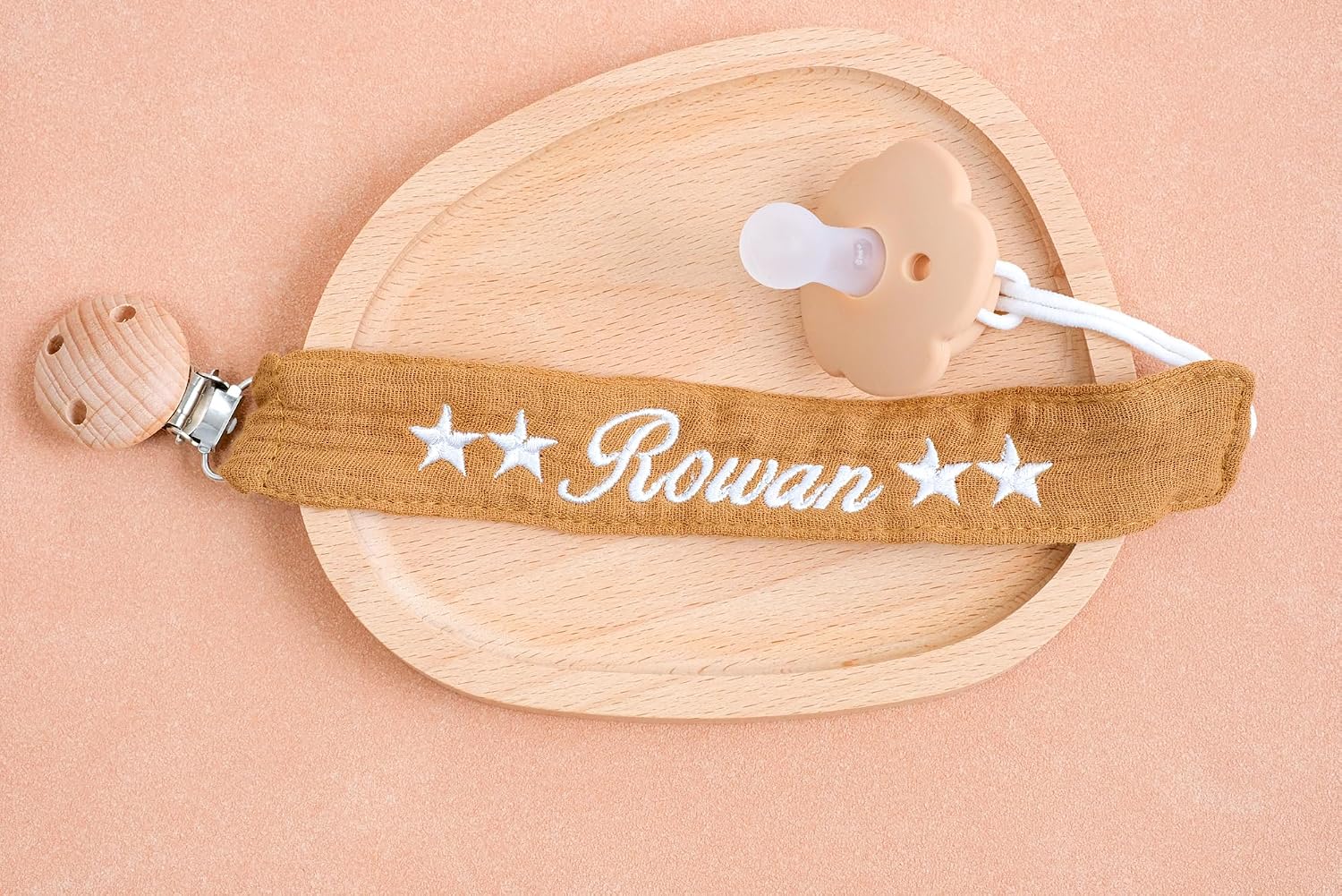 Personalized Bamboo Pacifier Clip with Custom Name Embroidery – Unique and Stylish Baby Baptism Gifts! (Light Purple) image 3