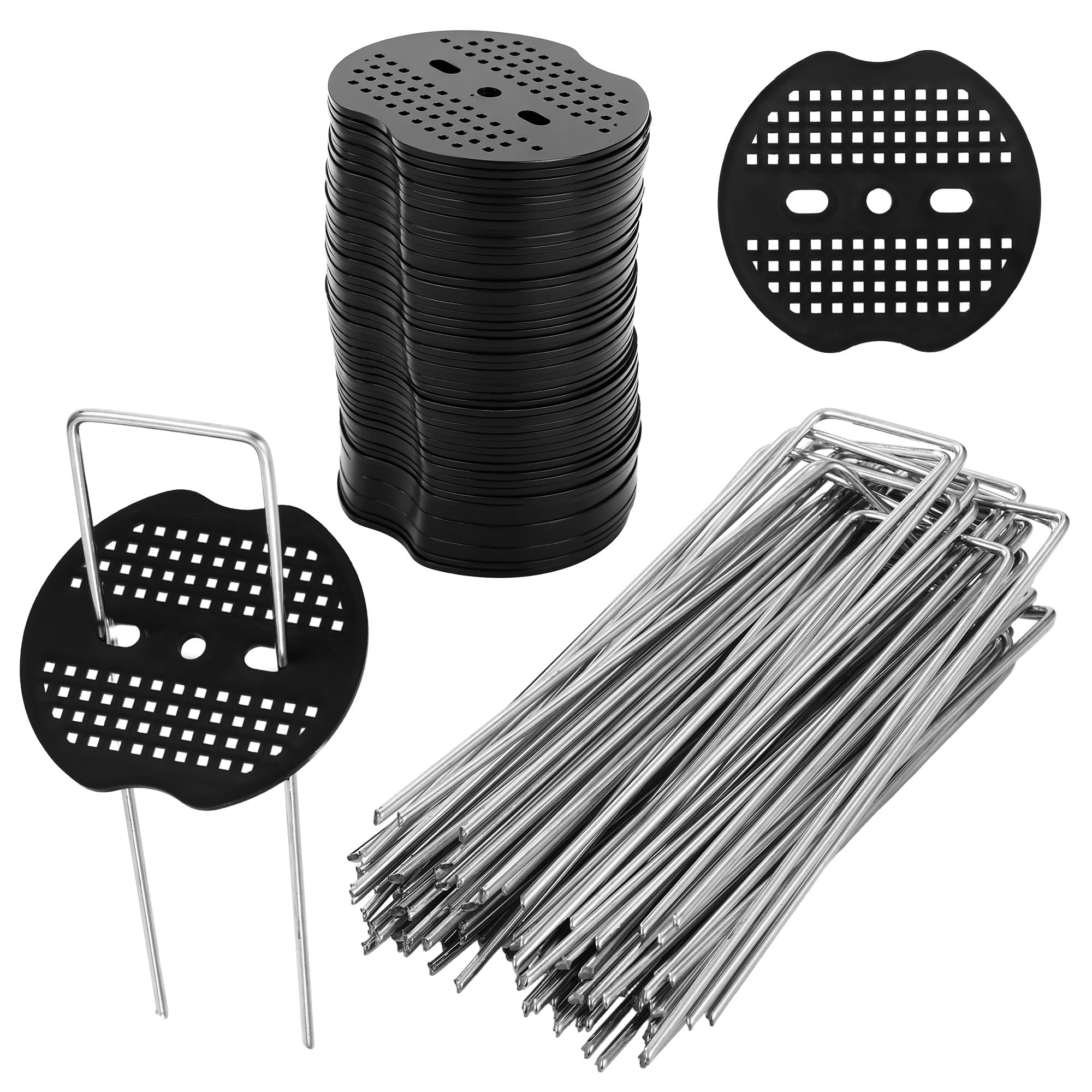50 Picchetti A U Zincati + 50 Rondelle E Gancio – Ancoraggi Per Telo Pacciamatura, Tappeto Erboso, Giardino 10x4 Cm