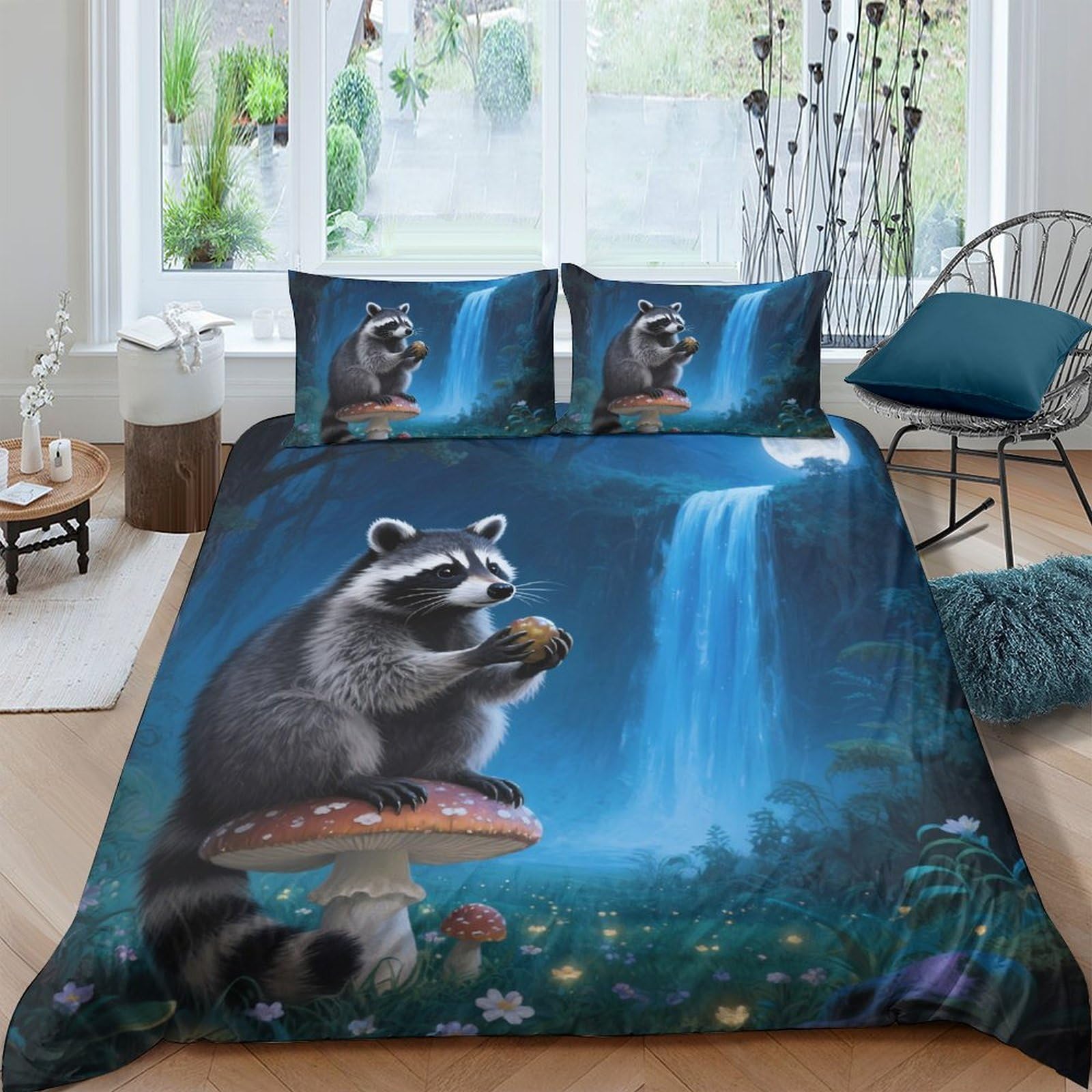 GPLZQXKJNH 3D Printed Waterfall Raccoon Duvet Cover Microfiber Soft Breathable Forest Bedding Set with 2 Pillowcases for Bedroom Decor Single（135x200cm）