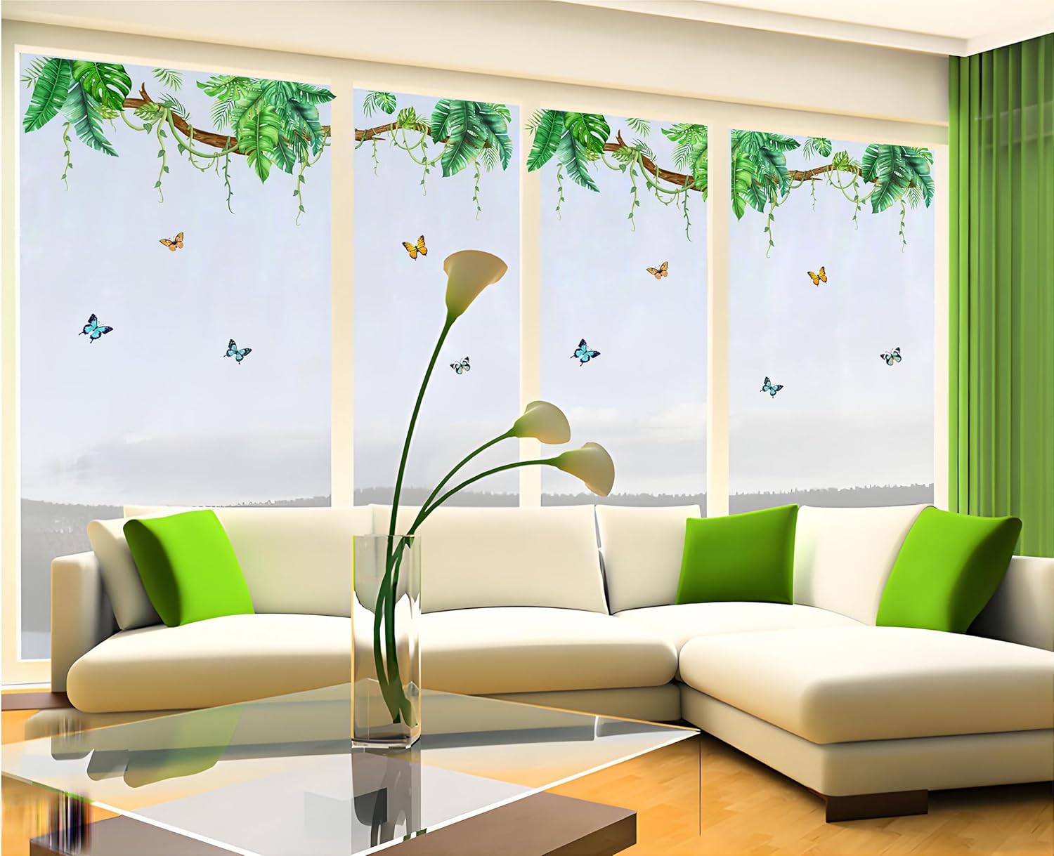 4 Pack Jungle Wall Decals Peel and Stick, Large 55x48 inches, Hanging Safari Tropical Wall Stickers for Living Room, Bedroom Decor, Realistic Green Palm Leaf with Butterfly