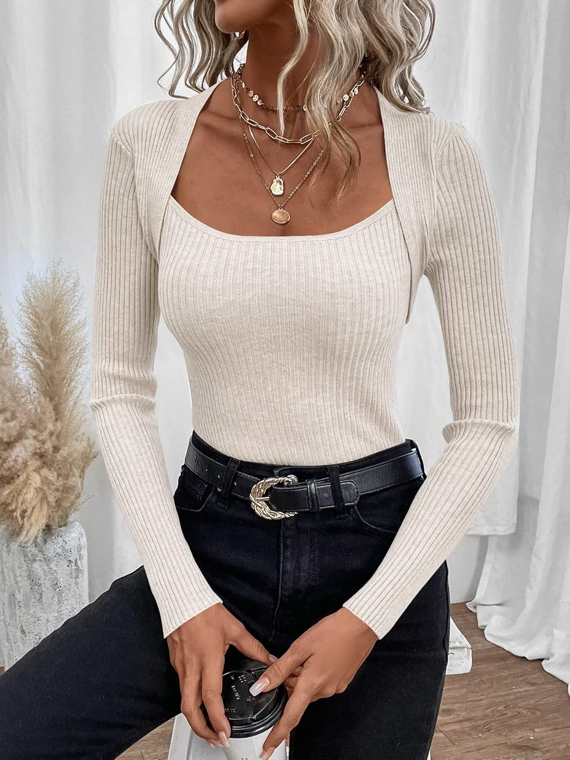 FOIVOS Women's Sweater Solid Ribbed Knit Sweater Sweater for Women (Color : Beige, Size : X-Small)