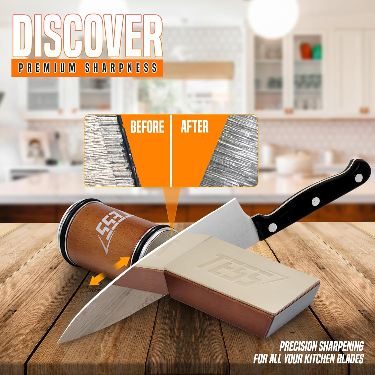 Rolling Knife Sharpener Kit with Leather Strop - 15 & 20 Degree Magnetic Holder - Diamond & Ceramic Discs - Professional Kitchen Knife Sharpening Tool