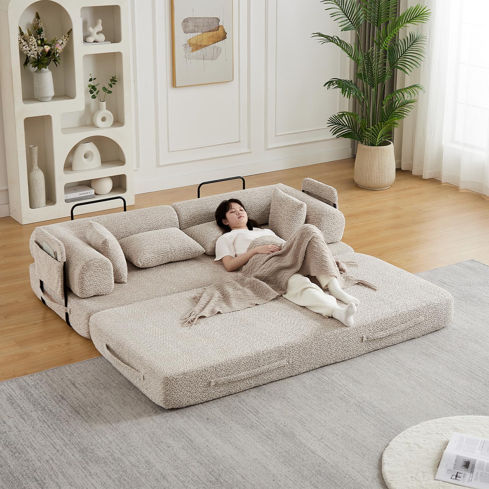 Futon Loveseat Sleeper Sofa Bed, 78.7-inch Convertible Modular 3 Seater Chenille Cloud Folding Floor Sofa Couch Queen Size Bed with Side Pockets & 4 Pillows for Living Room Guest Room Studio, Khaki