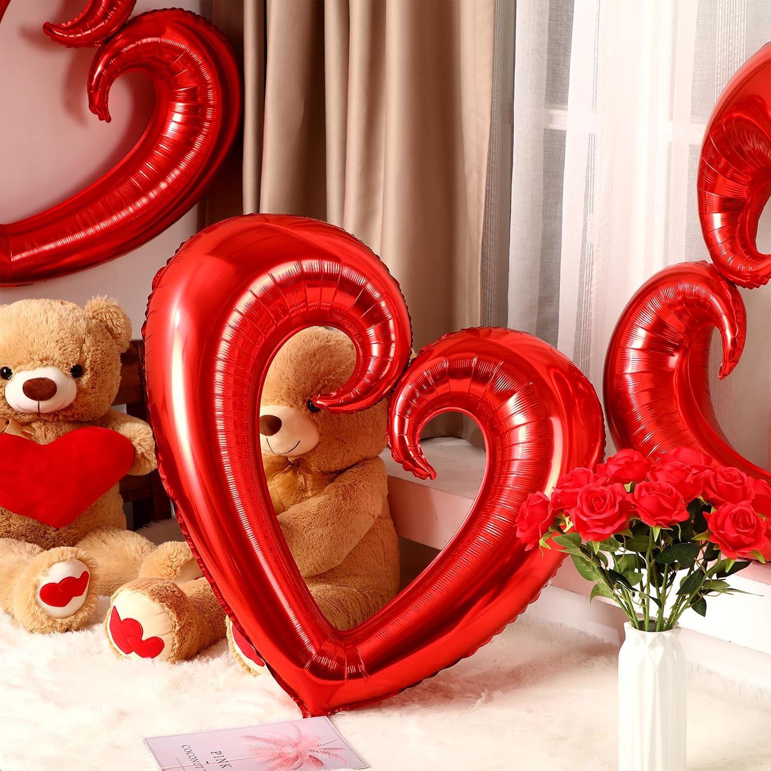 Silipull 4 Pcs 40 Inch Large Red Heart Balloons Valentine's Day Hook Heart Balloon Romantic Foil Shaped Airballoon for Wedding Birthday Engagement Anniversary Propose Bridal Shower Party Supplies image 4