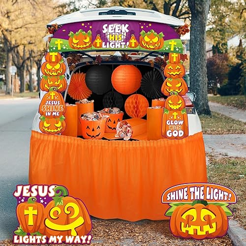 Miniatura 5 de Juego de 29 piezas de decoración de maletero o regalo de Halloween con temática religiosa para auto, borde cristiano, cubeta de calabaza, bolsa de