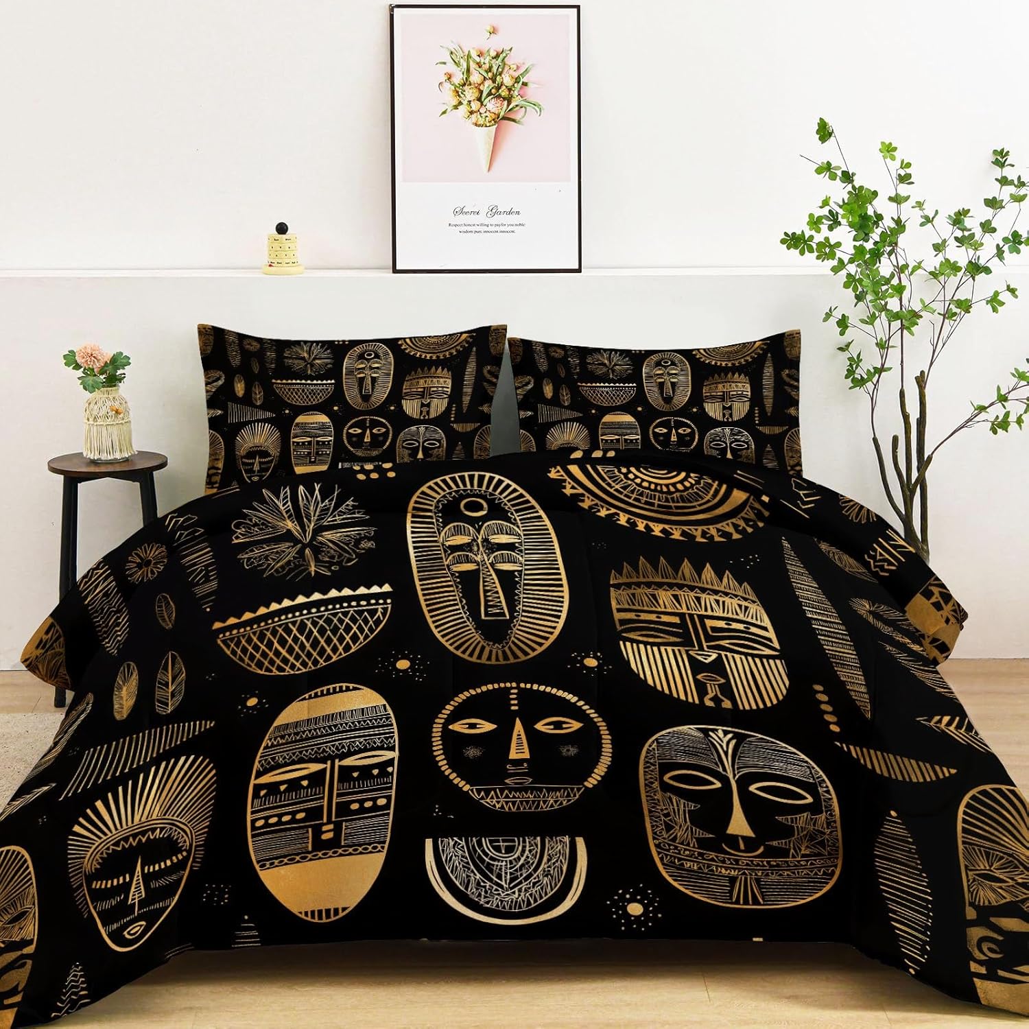 Queen Size Comforter Sets for Kids Adults, Bedding Set 3pcs African Tribal Symbols Shapes Quilt Set Seasons Soft Fluffy Duvet Insert with 2 Pillowcases, Black