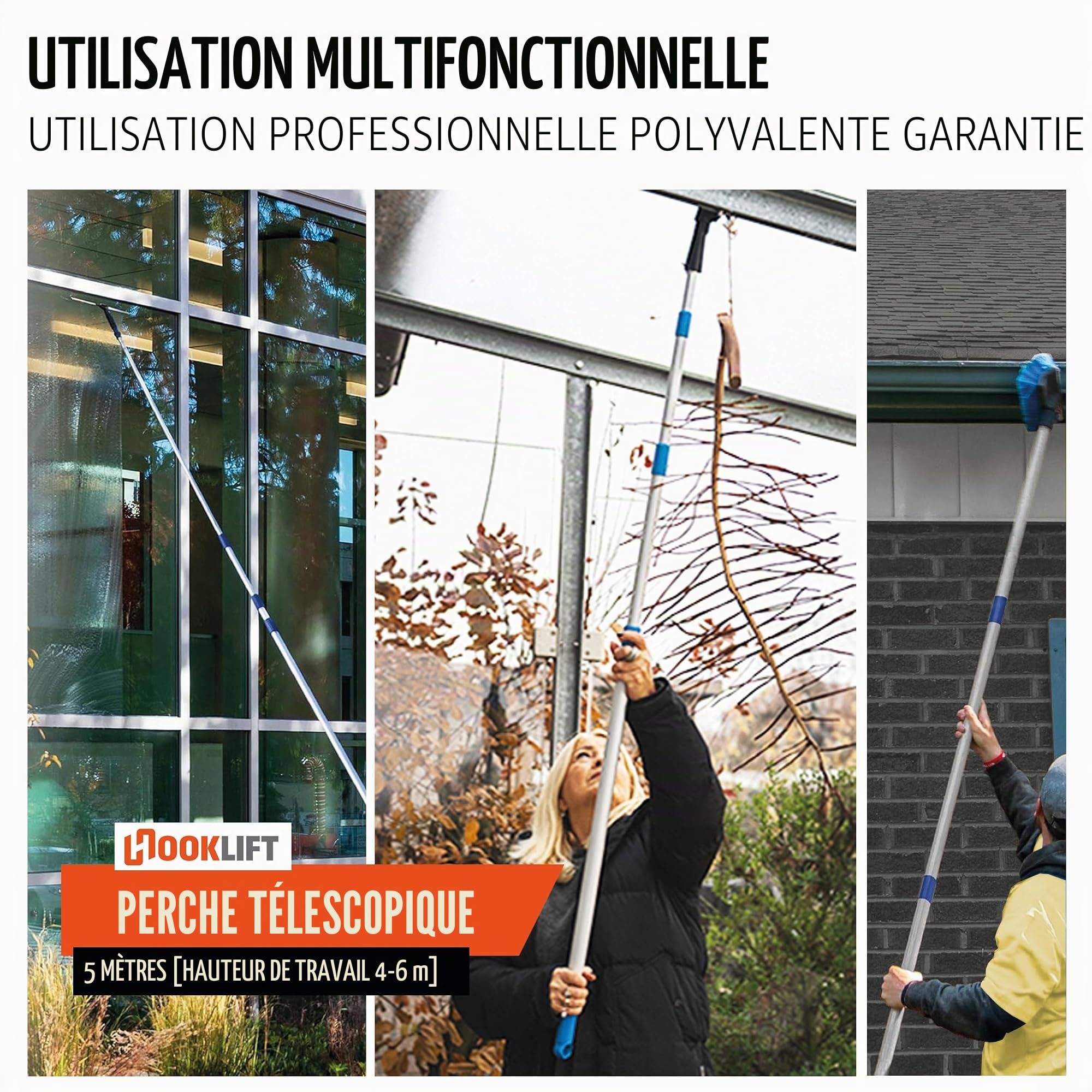 La plus courte barre télescopique en aluminium de 5 m avec adaptateur, réglable en continu de 154 à 505 cm ; idéale pour le nouveau système de crochets magnétiques et pour d'autres