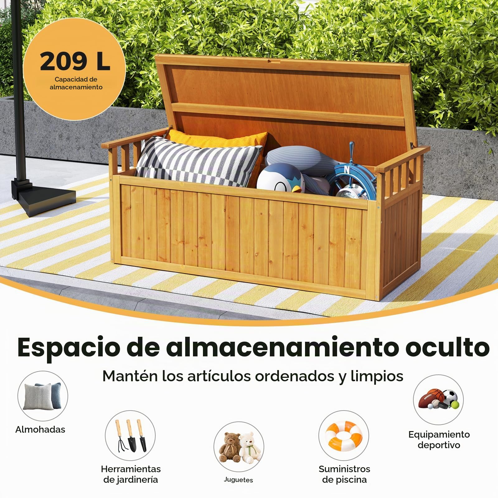 HOMASIS Arcón de Jardín Impermeable, Banco de Madera de Abeto, Arcón de Almacenamiento con Tapa y Reposabrazos, Caja de Cojines Resistente a La Intemperie para Jardín, 128 x 58 x 53 cm (Natural)